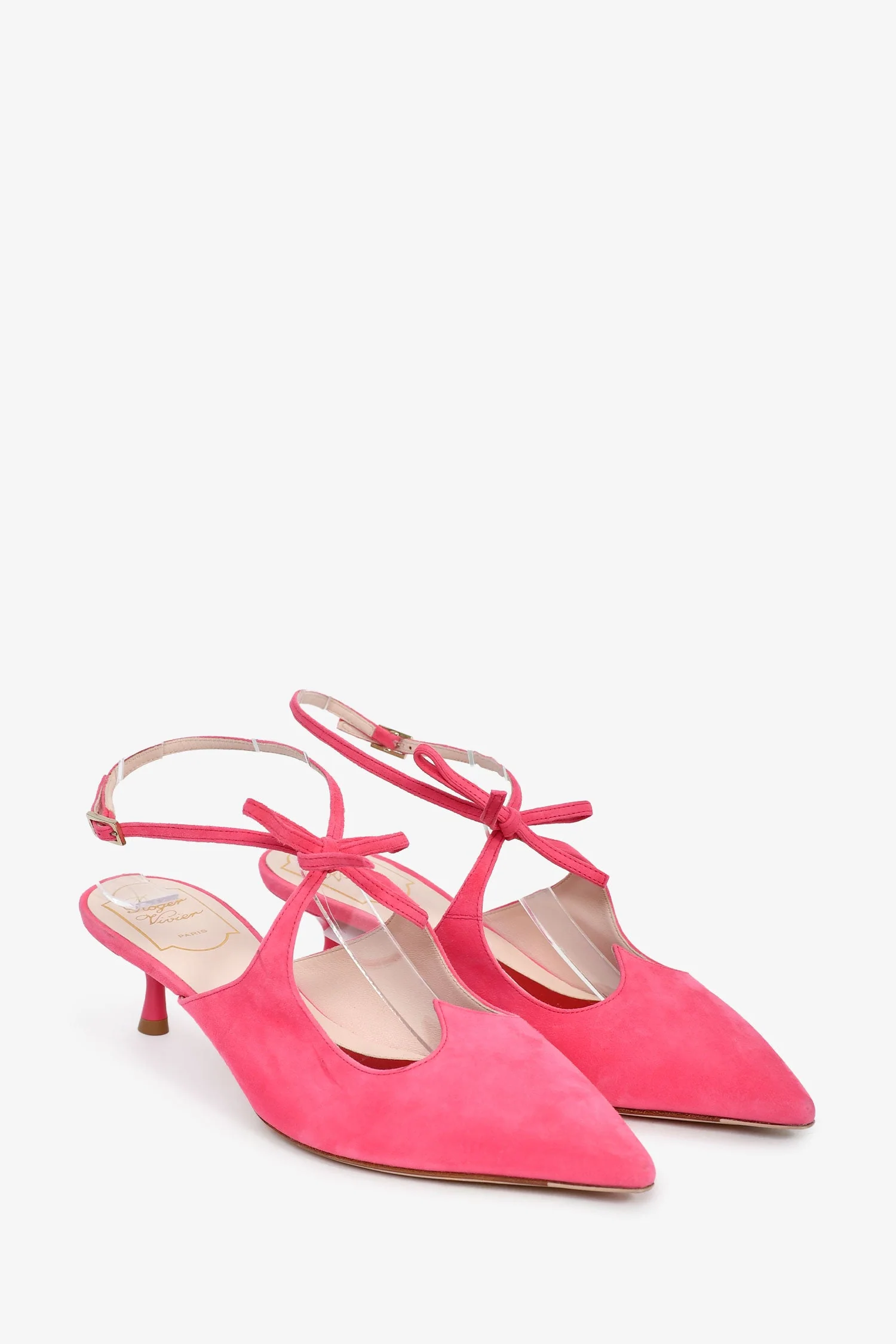 Roger Vivier Pink Suede Bow Detail Cutout Heels Size 38 - Image 2