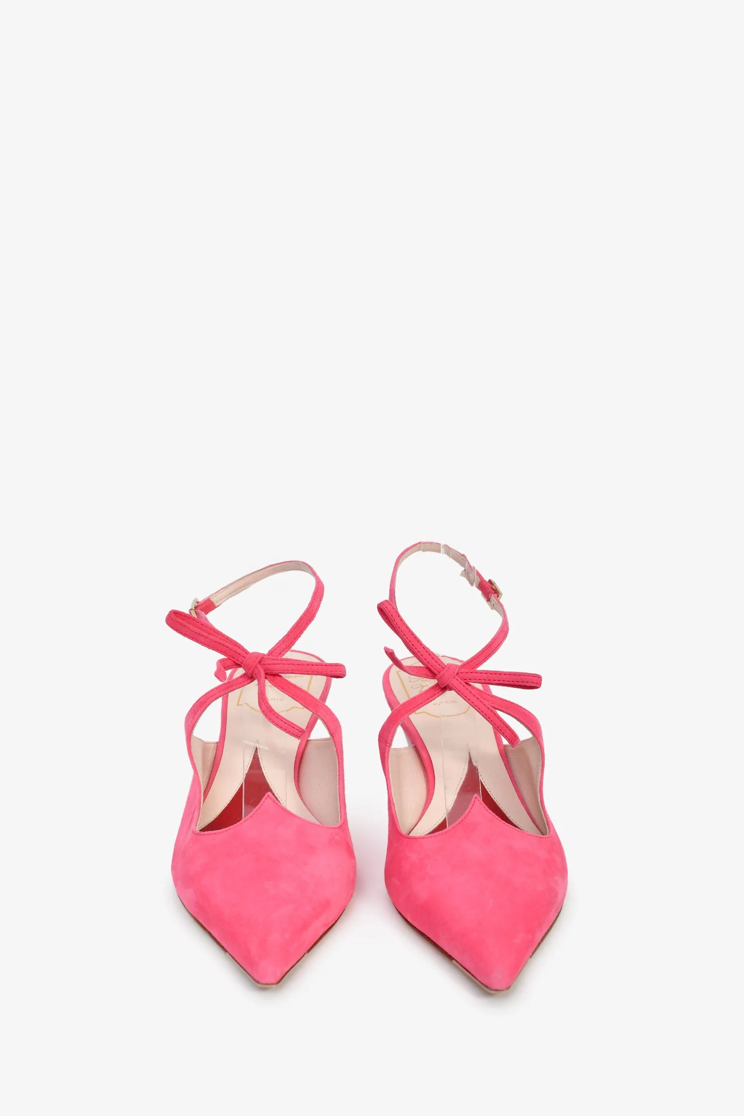 Roger Vivier Pink Suede Bow Detail Cutout Heels Size 38 - Image 3