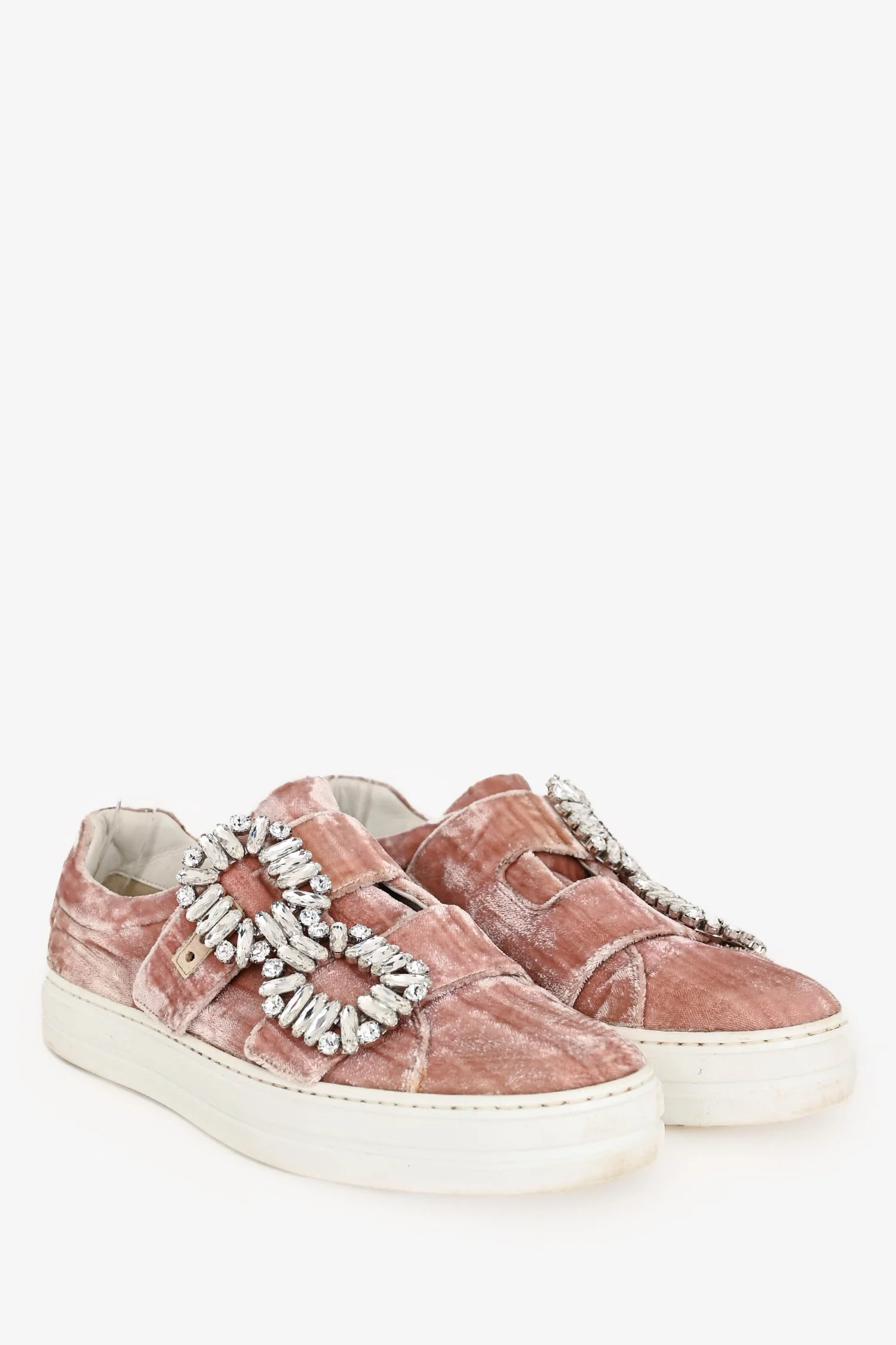 Roger Vivier Pink Velvet Crystal Velcro Buckle Sneakers Size 38 - Image 2