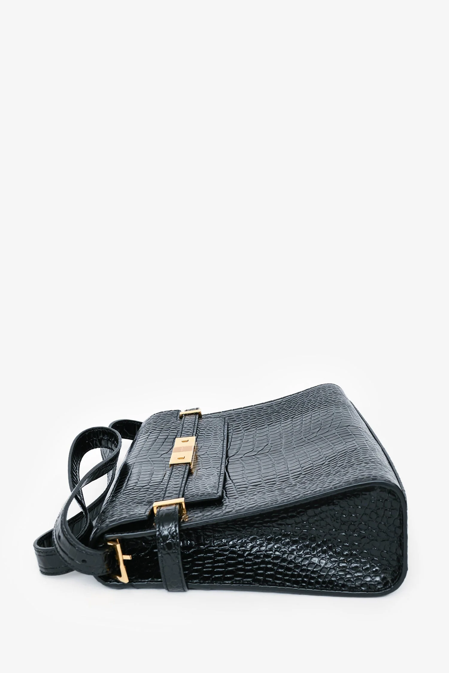 Saint Laurent 2020 Black Croc Embossed Leather Medium Manhattan Shoulder Bag - Image 3