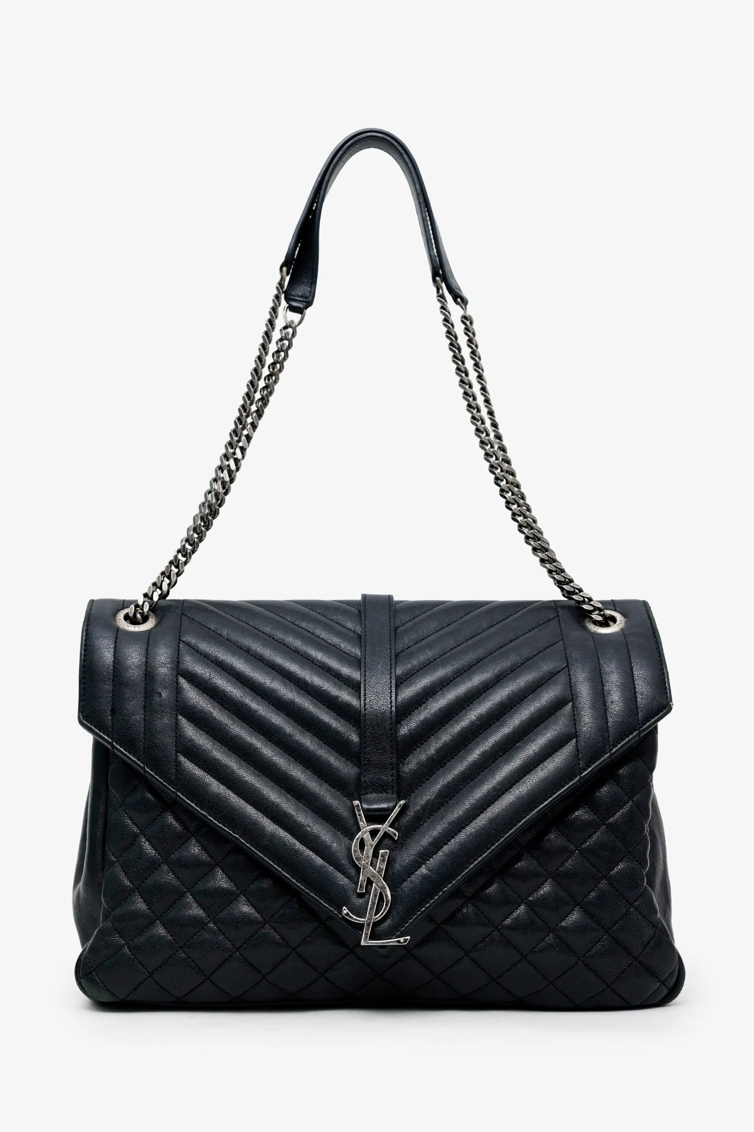 Saint Laurent Black Chevron Tri-Quilted Leather Monogram Large College Bag - Image 6