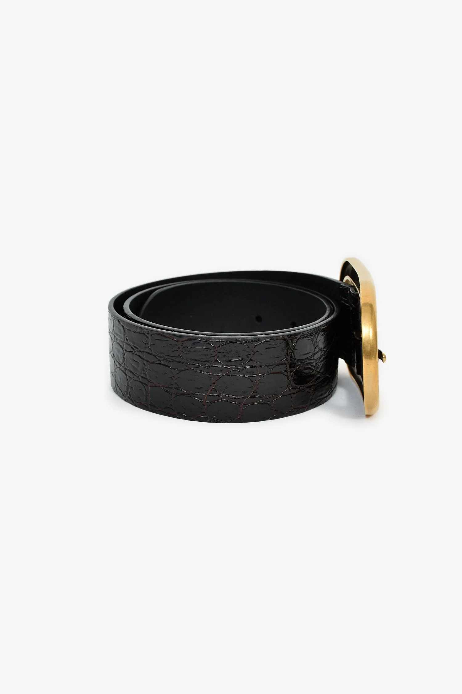 Saint Laurent Black Croc Embossed Leather Gold Buckle Wide Belt Size 85 - Image 2