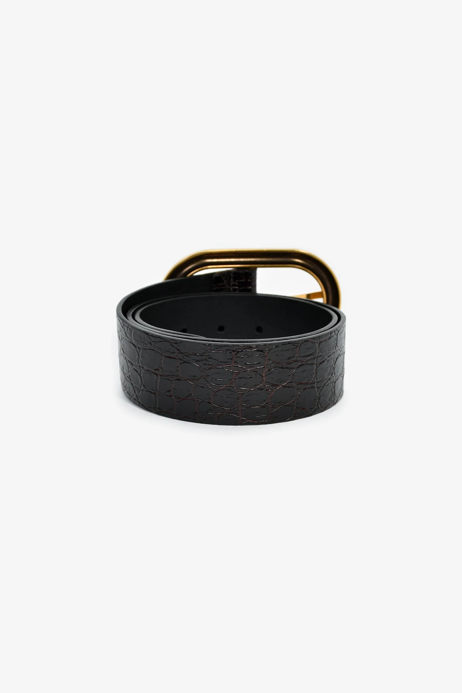 Saint Laurent Black Croc Embossed Leather Gold Buckle Wide Belt Size 85 - Image 3