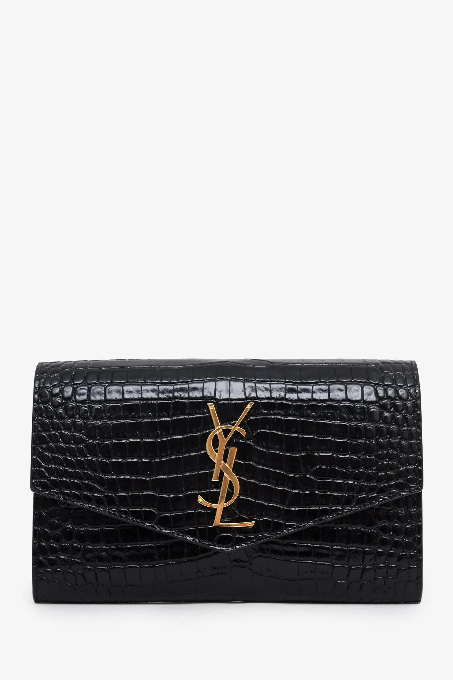 Saint Laurent Black Croc Embossed Leather Uptown Chain Wallet With Insert