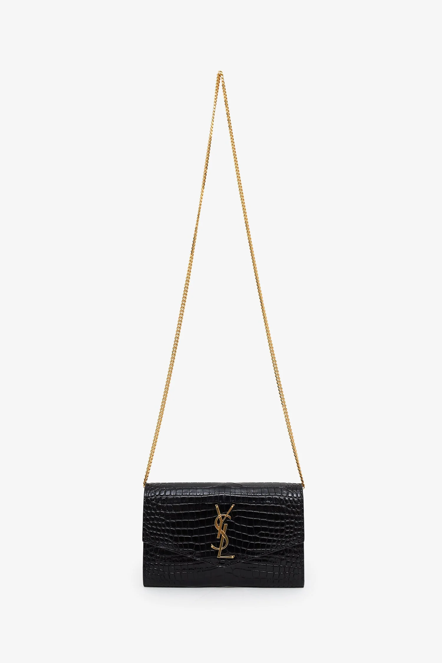 Saint Laurent Black Croc Embossed Leather Uptown Chain Wallet With Insert - Image 6