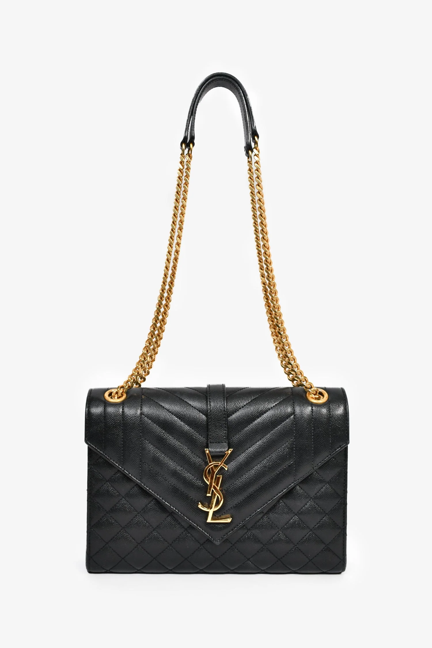 Saint Laurent Black Grained Leather Tri-Quilted Envelope Chain Medium Shoulder Bag - Image 8