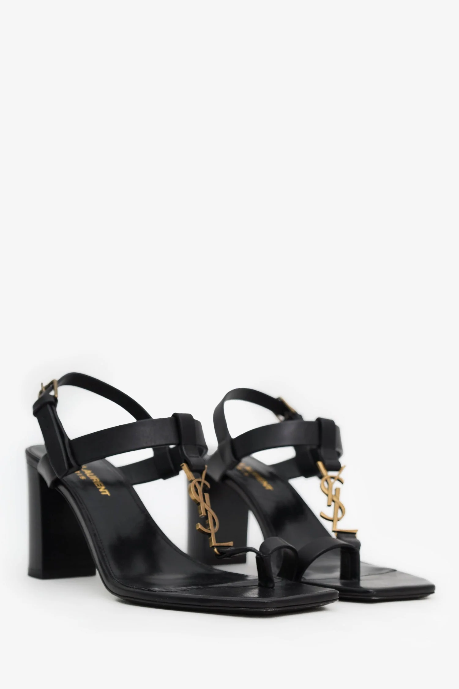Saint Laurent Black Leather Cassandra Logo Block Heel Sandals Size 37.5 - Image 2