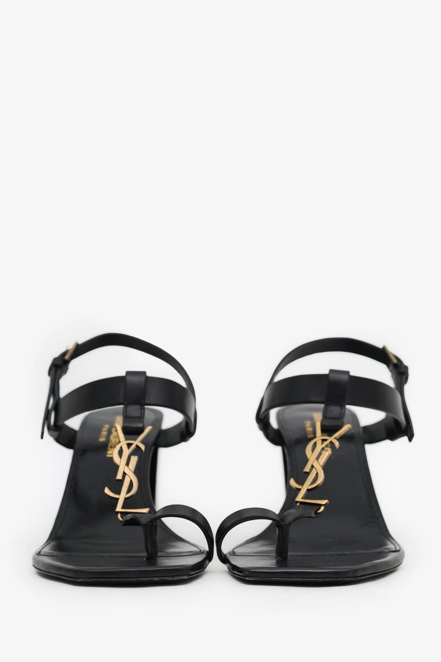 Saint Laurent Black Leather Cassandra Logo Block Heel Sandals Size 37.5 - Image 3