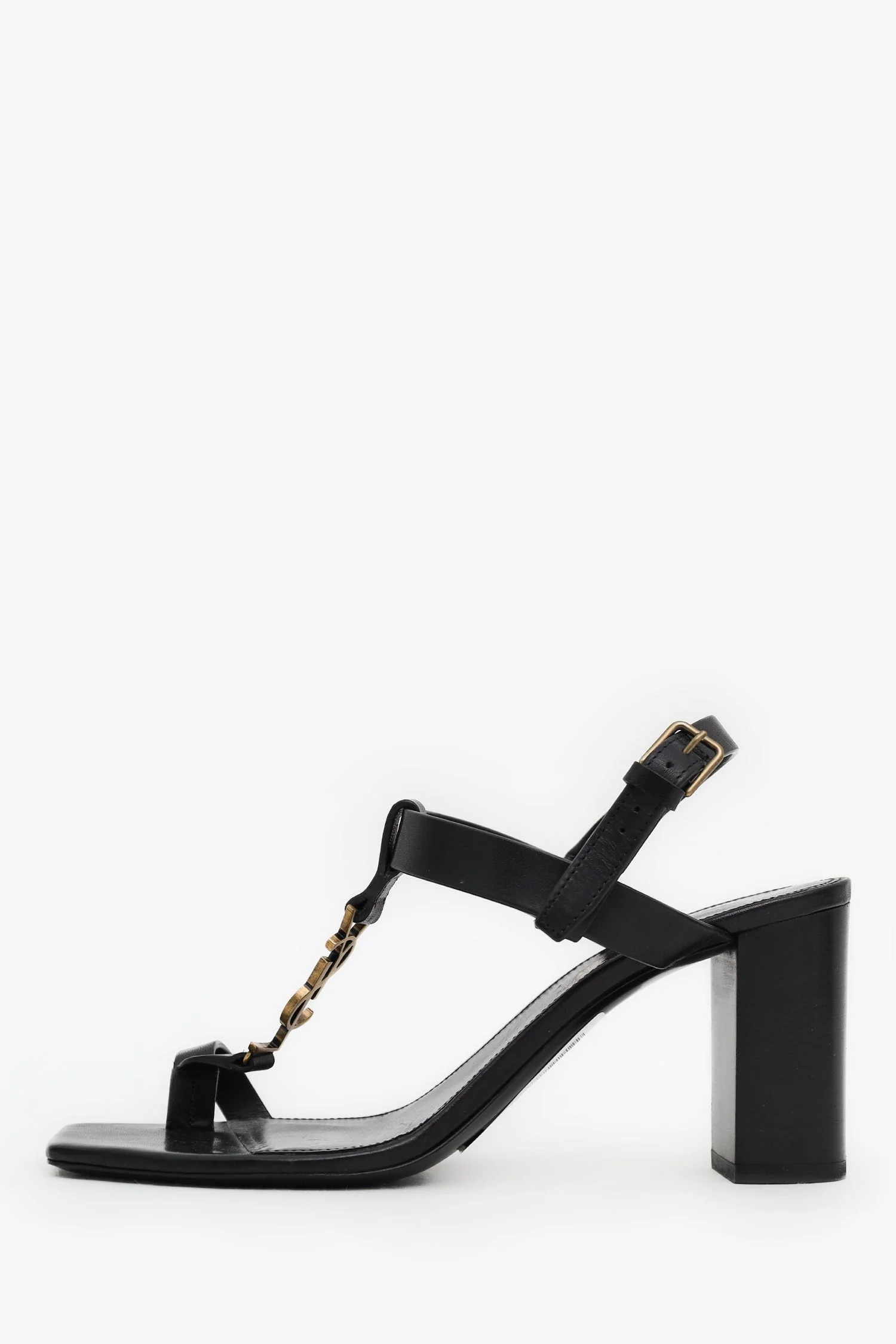 Saint Laurent Black Leather Cassandra Logo Block Heel Sandals Size 37.5 - Image 4
