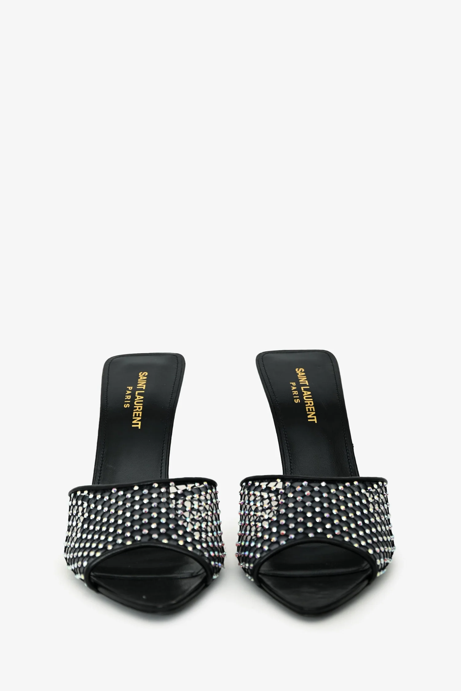 Saint Laurent Black Leather Crystal Embellished Mesh Mules Size 38.5 - Image 3