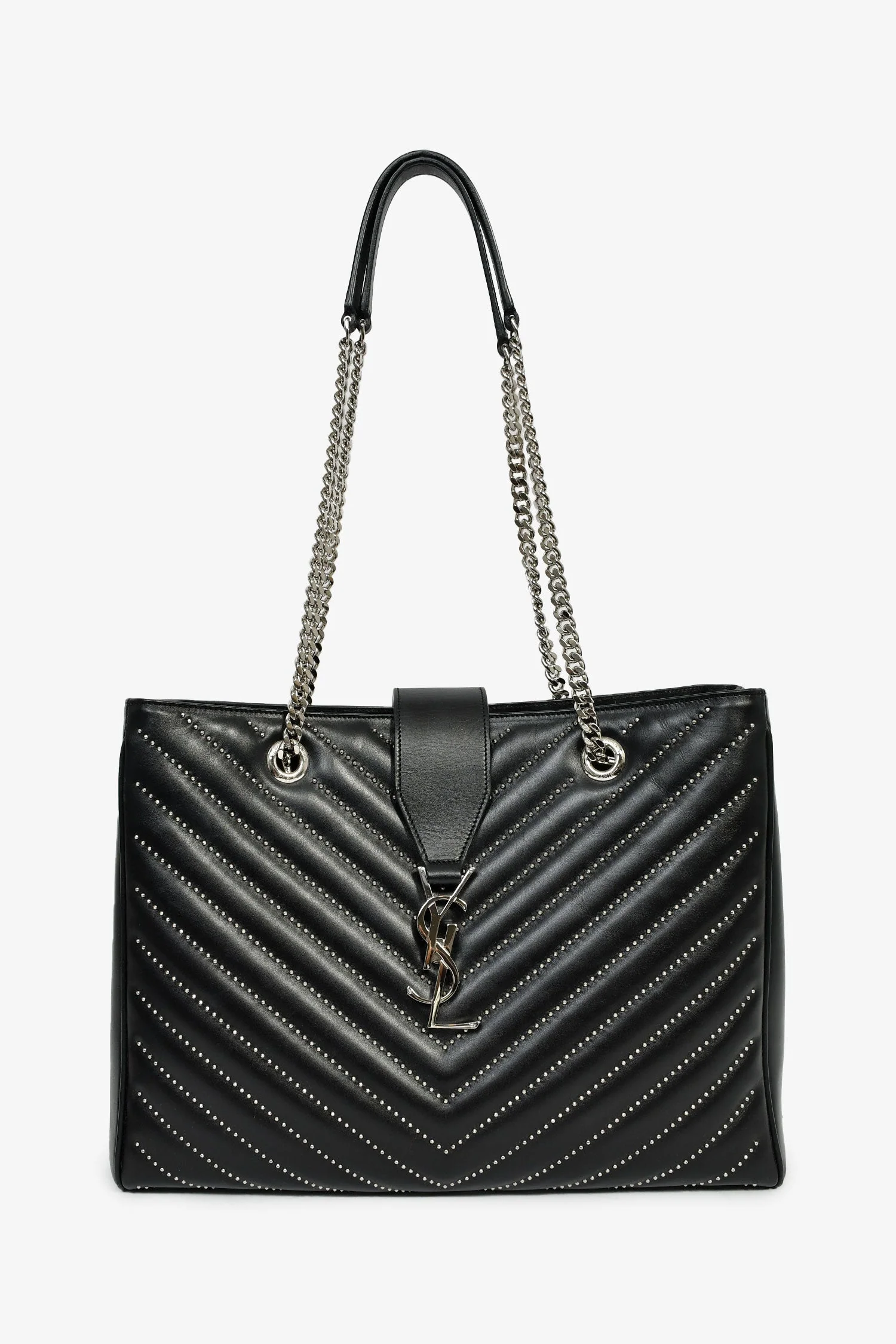 Saint Laurent Black Leather Studded Matelasse Chevron Leather Large Shopping Tote Bag - Image 7
