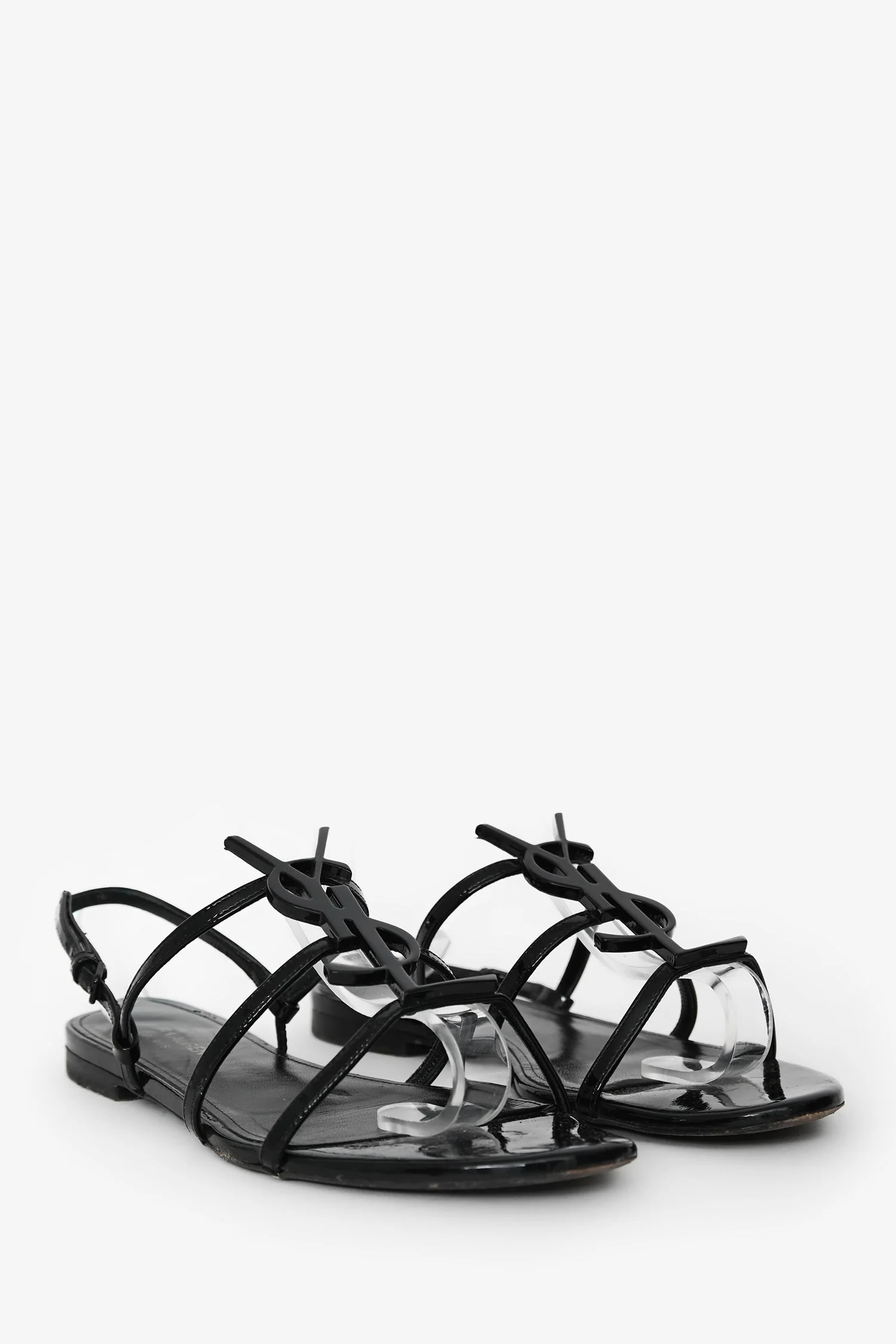 Saint Laurent Black Patent Cassandra YSL Flat Sandals Size 37.5 (As Is) - Image 2