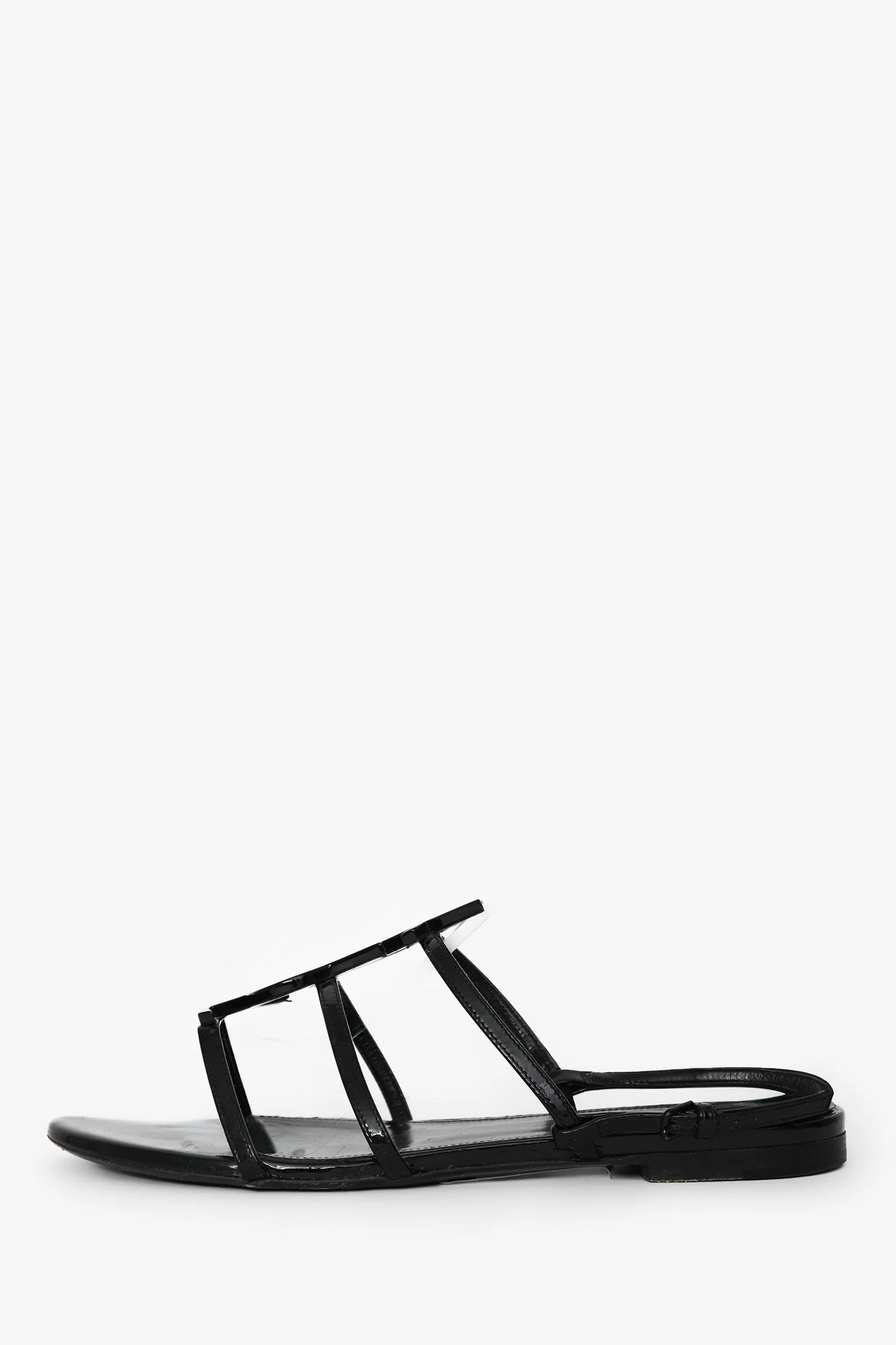 Saint Laurent Black Patent Cassandra YSL Flat Sandals Size 37.5 (As Is) - Image 5
