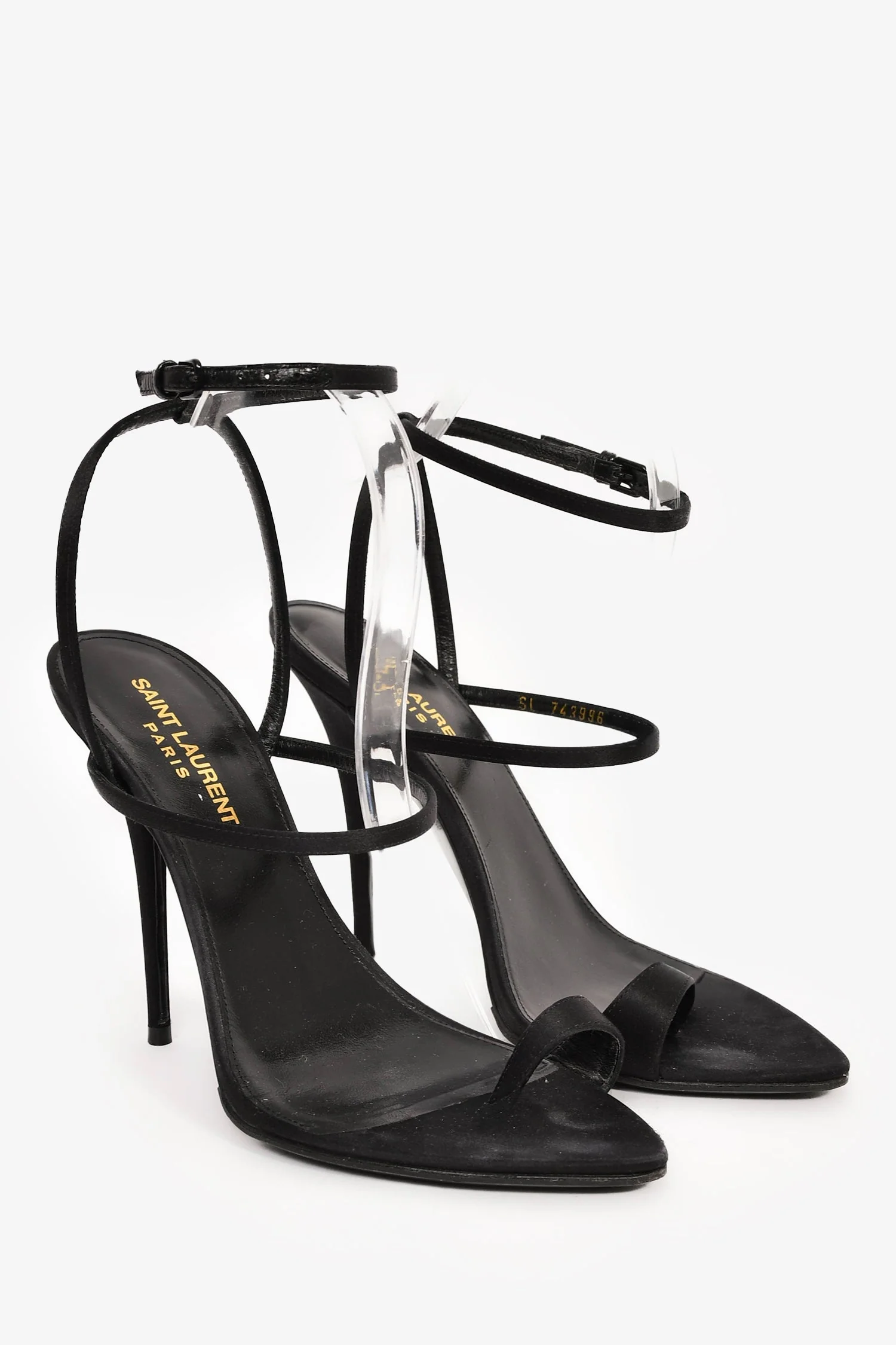 Saint Laurent Black Satin Strappy Pointed Heels Size 37.5 - Image 2