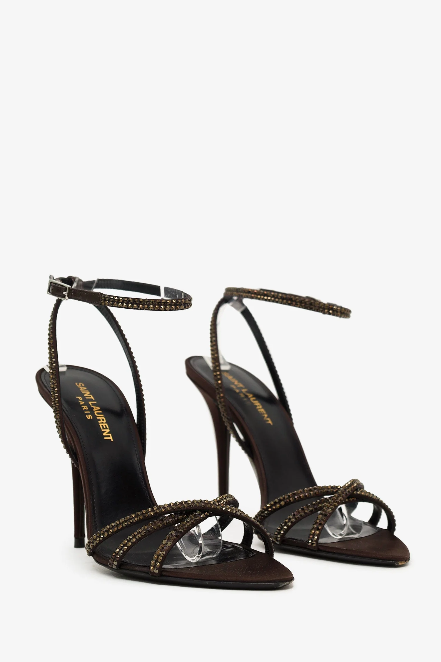 Saint Laurent Brown Satin Embellished Pointed Toe Heels Size 37.5 - Image 2