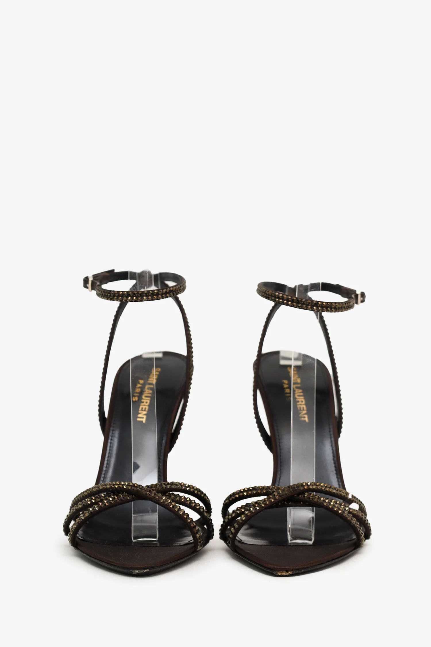 Saint Laurent Brown Satin Embellished Pointed Toe Heels Size 37.5 - Image 3