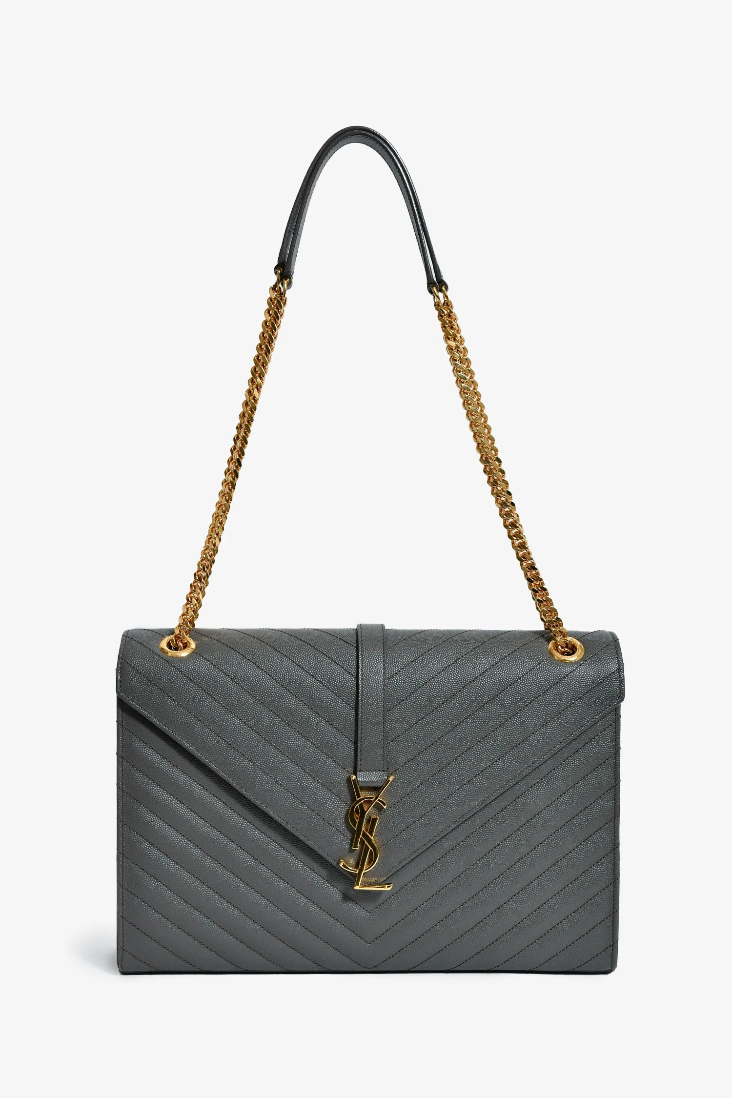 Saint Laurent Grey Chevron Leather Envelope Large Chain Shoulder Bag - Image 7