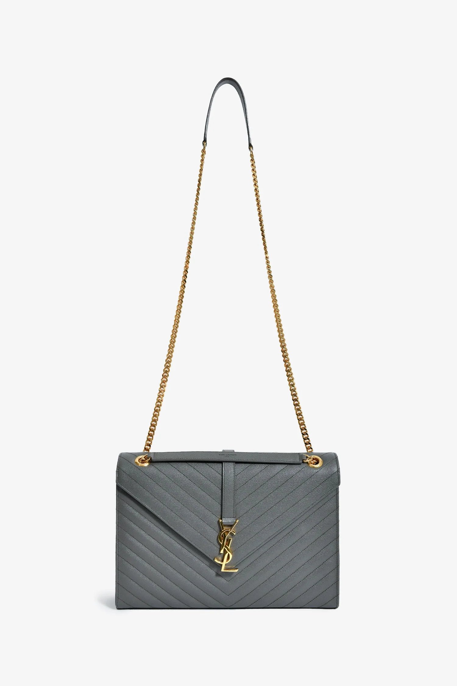 Saint Laurent Grey Chevron Leather Envelope Large Chain Shoulder Bag - Image 8