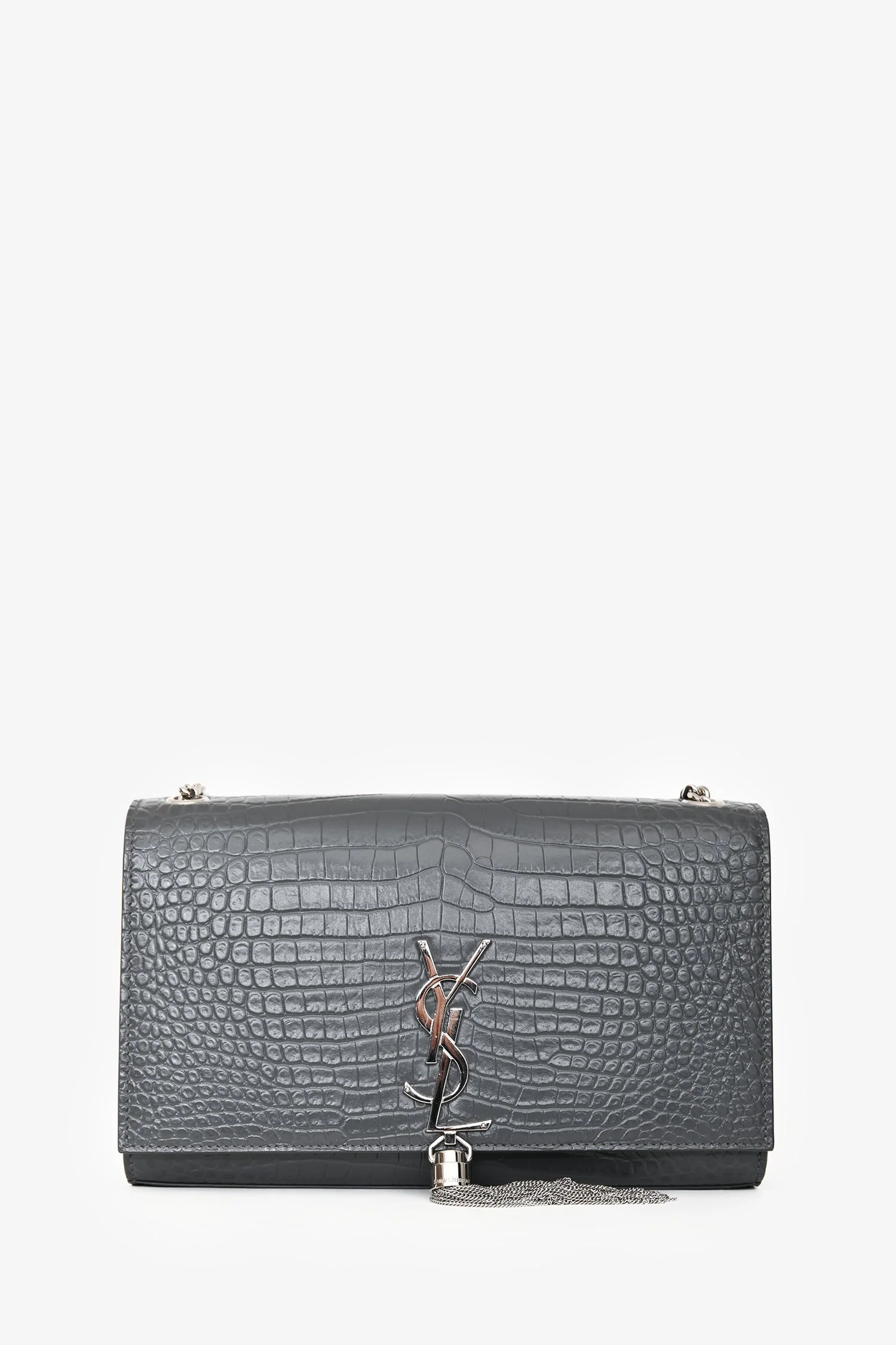 Saint Laurent Grey Croc Embossed Medium 'Kate' Shoulder Bag
