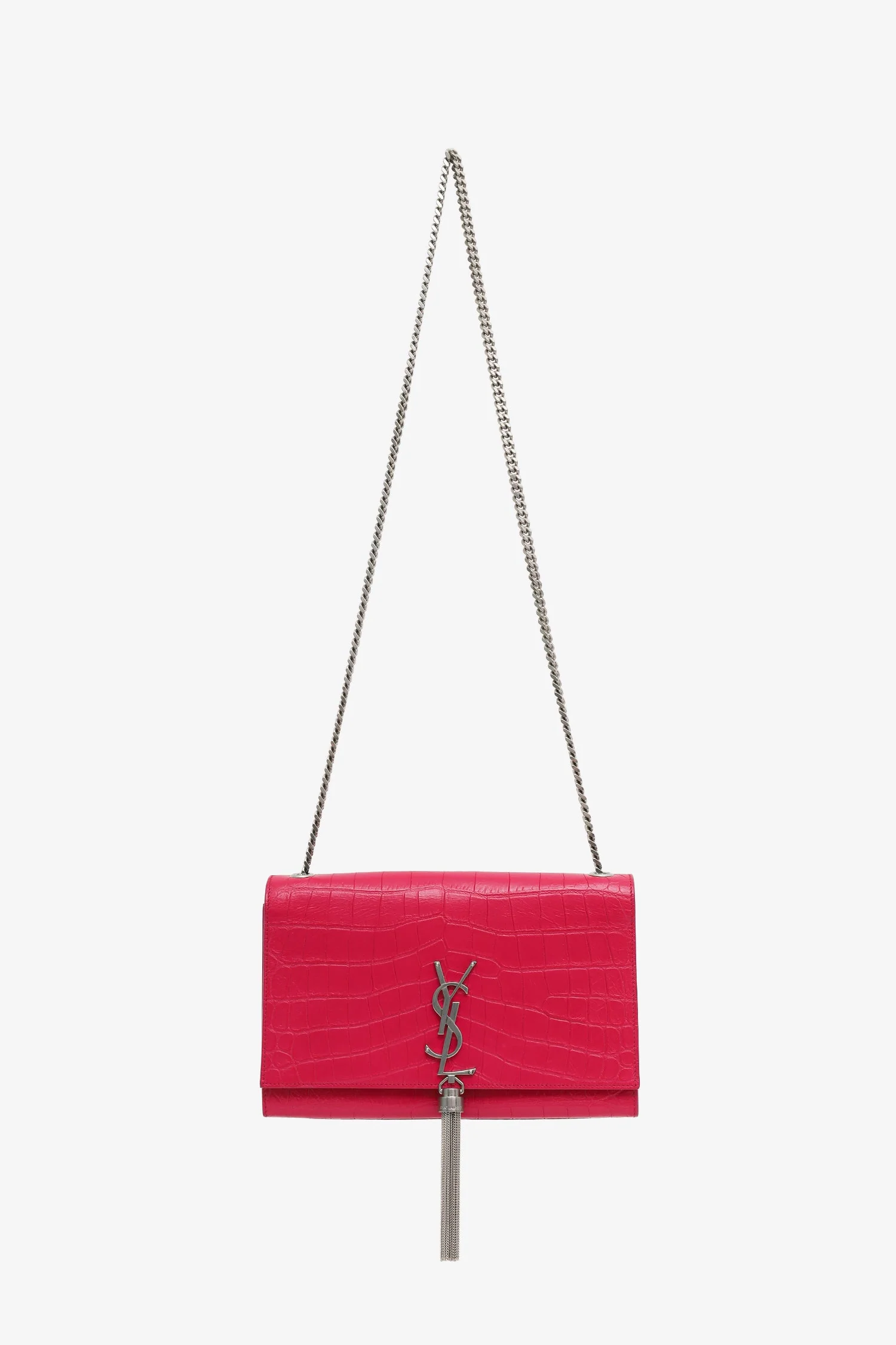 Saint Laurent Pink Leather Croc Embossed Medium 'Kate' Tassel Crossbody Bag - Image 6