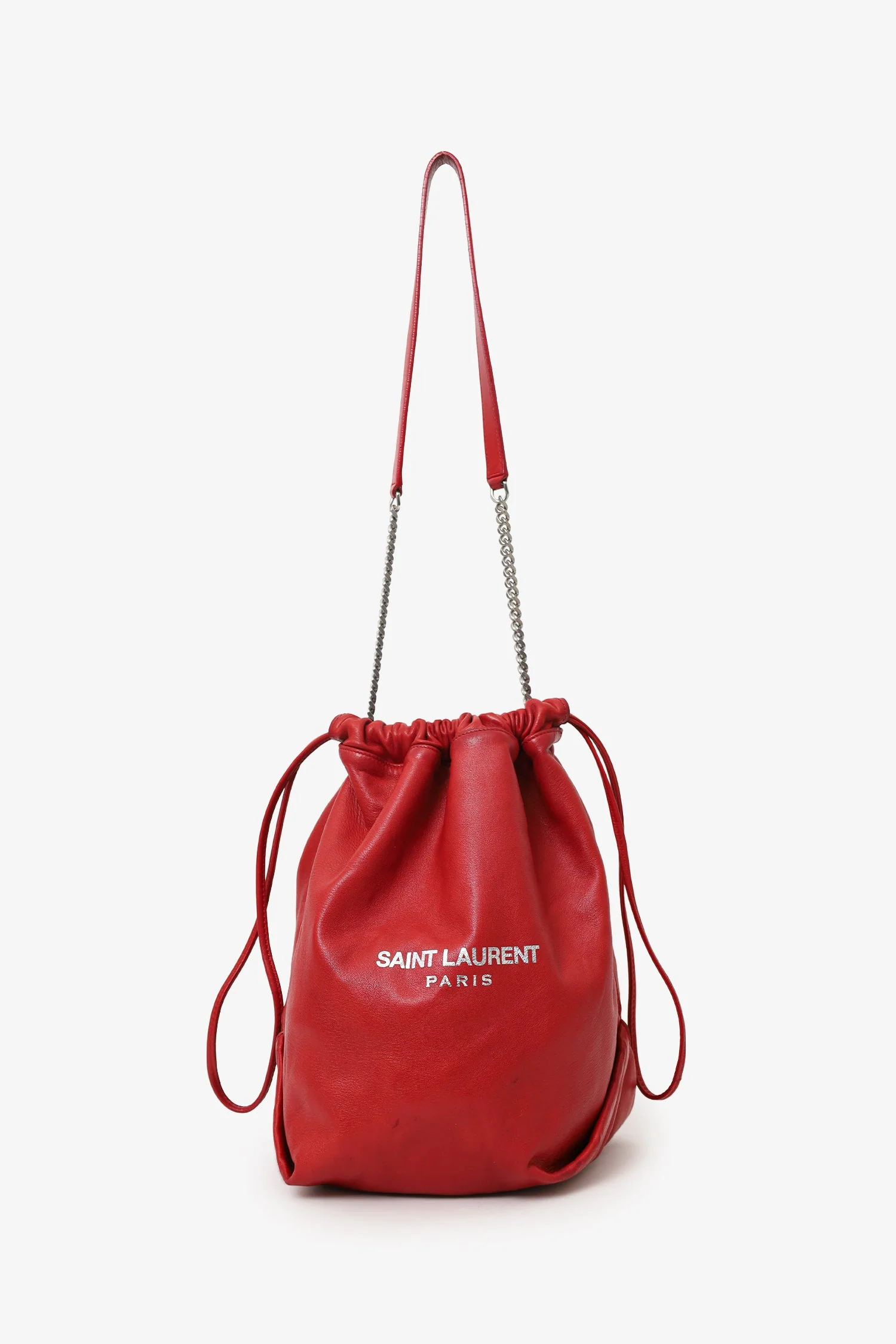 Saint Laurent Red Leather Teddy Bucket Bag With Pouch - Image 6