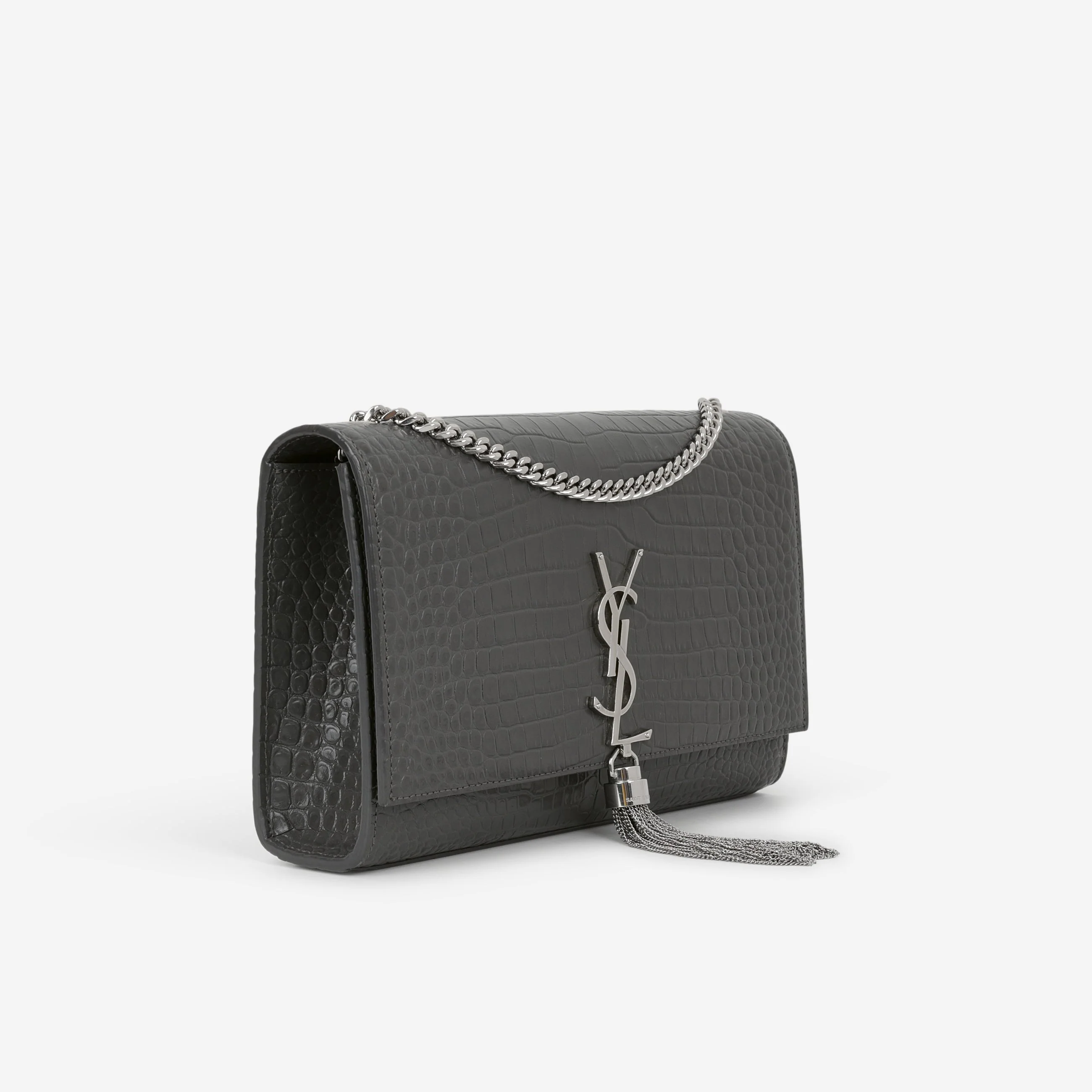 Saint Laurent Medium Kate Tassel Bag - Grey Croc Embossed | Silver Hardware - Image 2