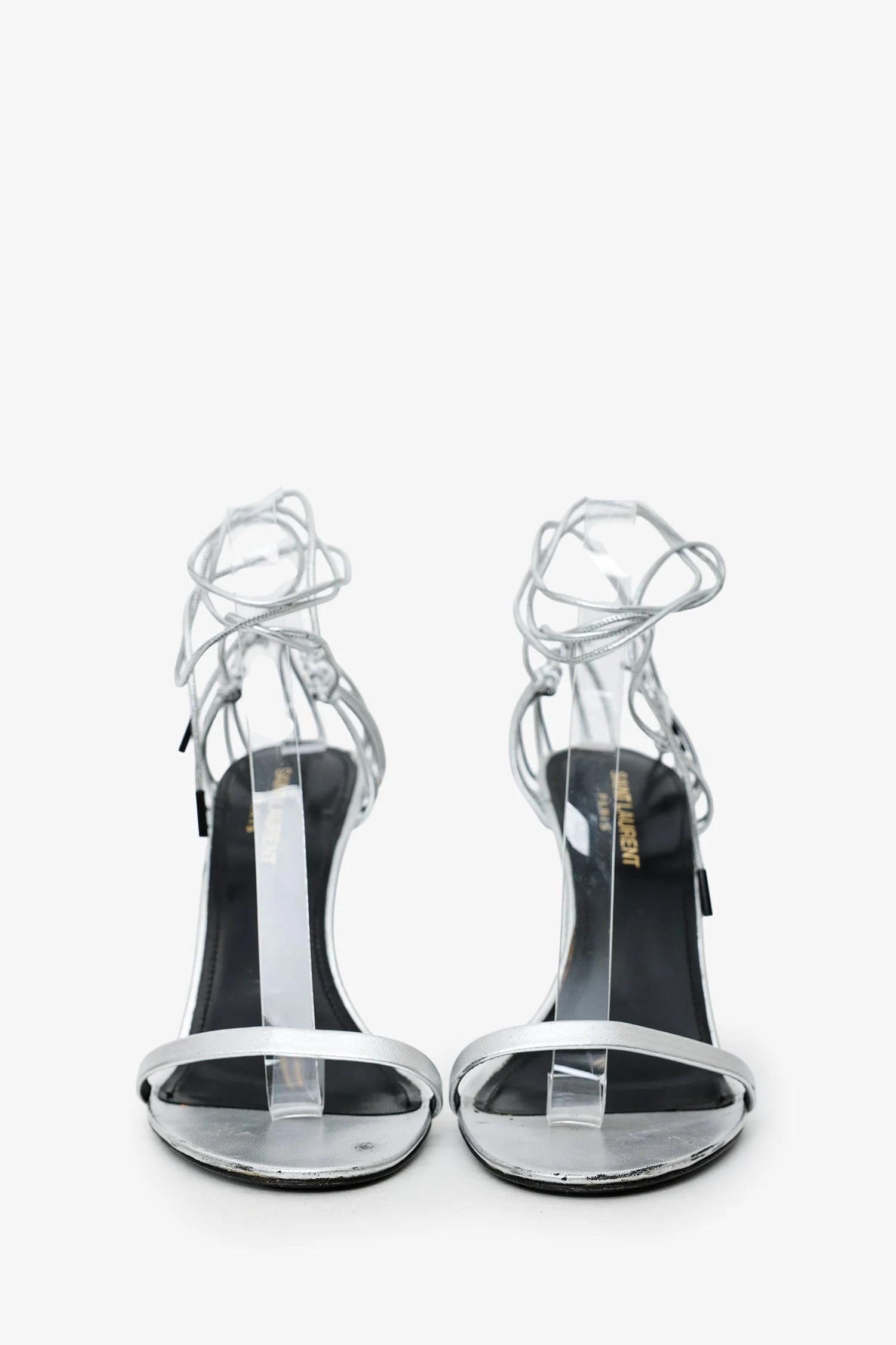 Saint Laurent Silver Strappy Heels Size 38 - Image 3