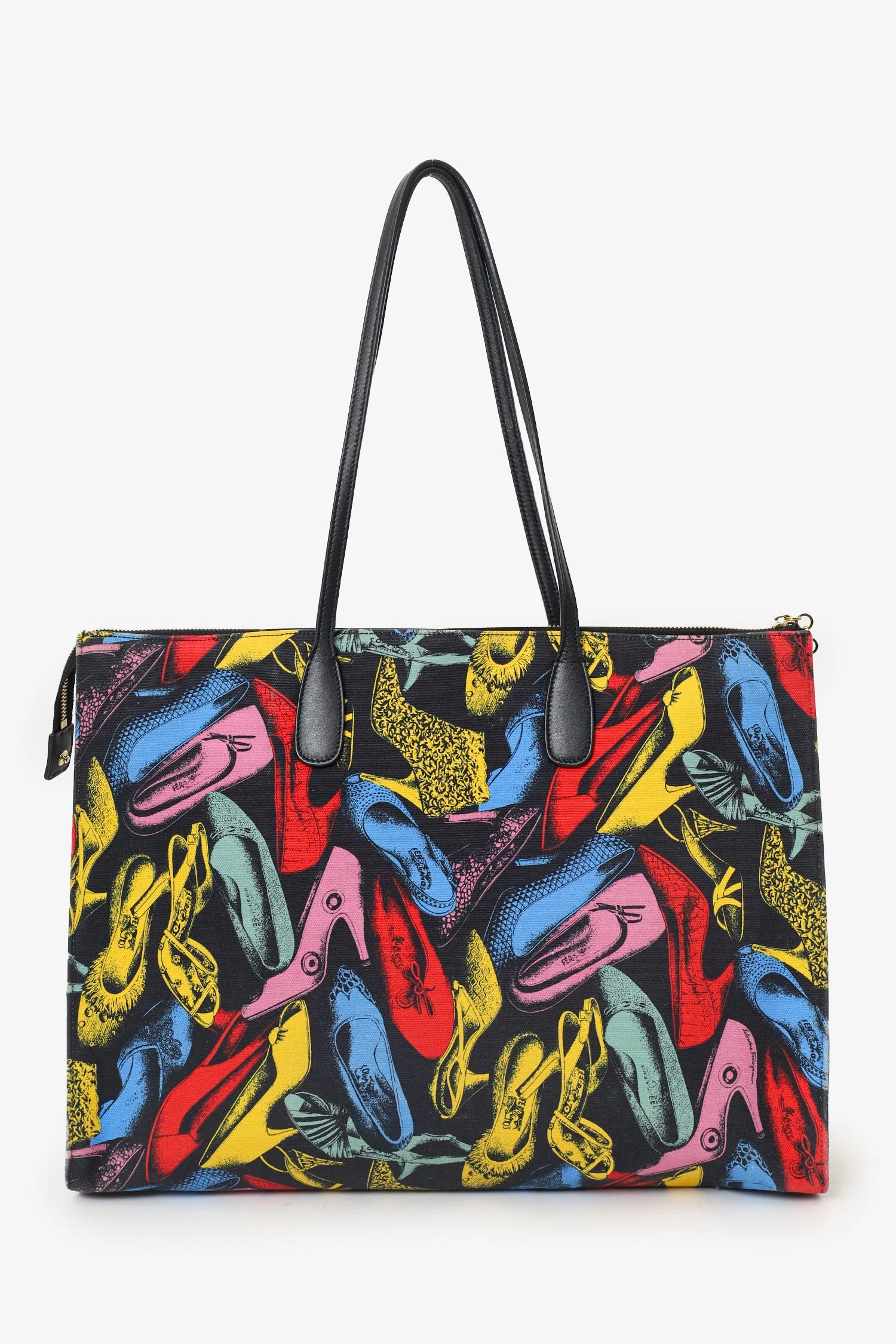 Salvatore Ferragam Black/Multicolour Canvas Shoe Printed Shopping Tote - Image 3
