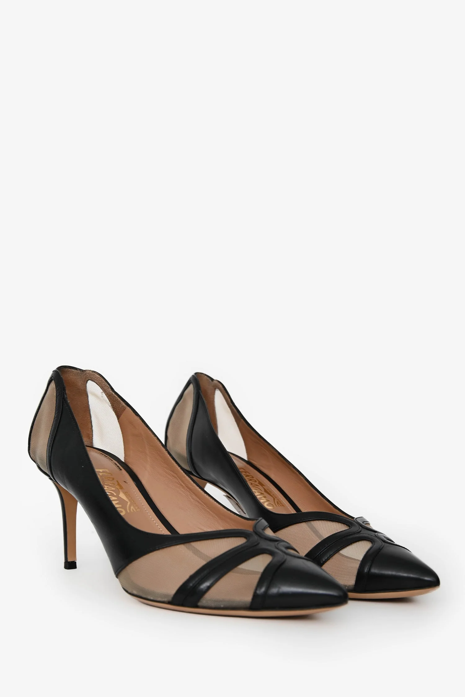 Salvatore Ferragamo Black/Sheer Leather/Mesh Pointed Heels Size 10.5 - Image 2