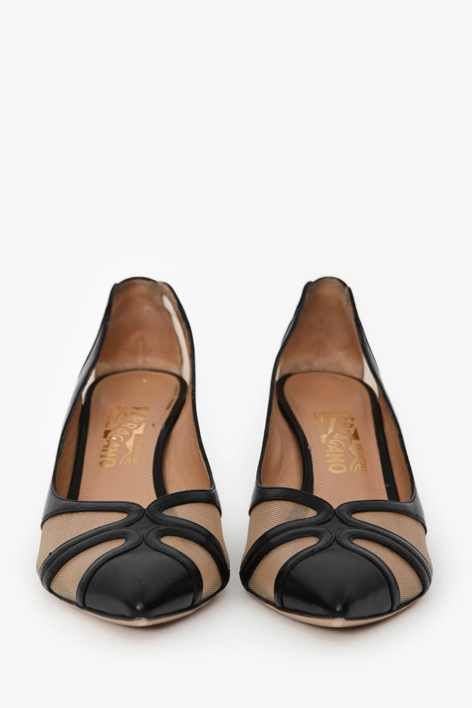 Salvatore Ferragamo Black/Sheer Leather/Mesh Pointed Heels Size 10.5 - Image 3