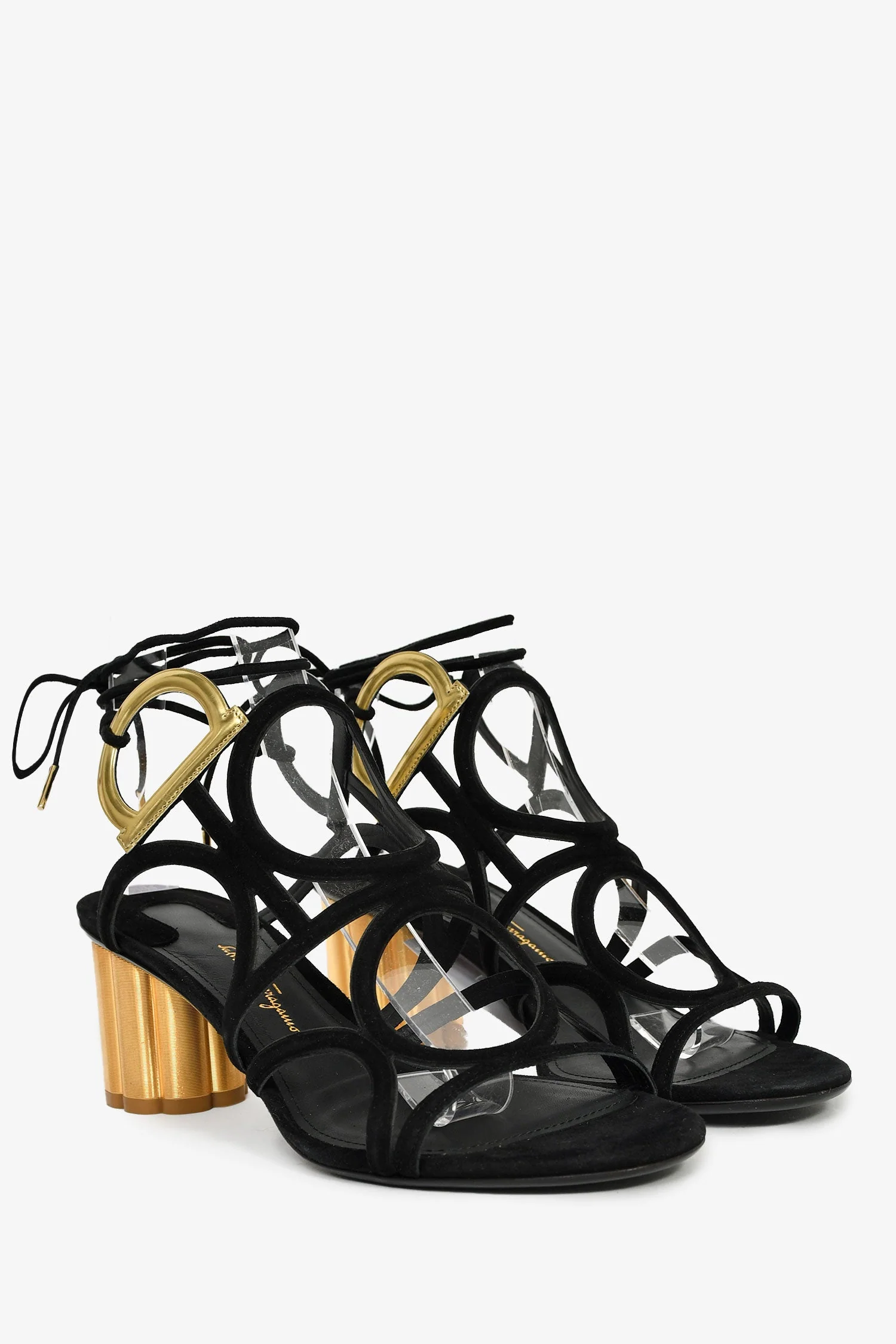 Salvatore Ferragamo Black Suede/Metallic Gold 'Vinci' Block Heel Sandals Size 7 - Image 2