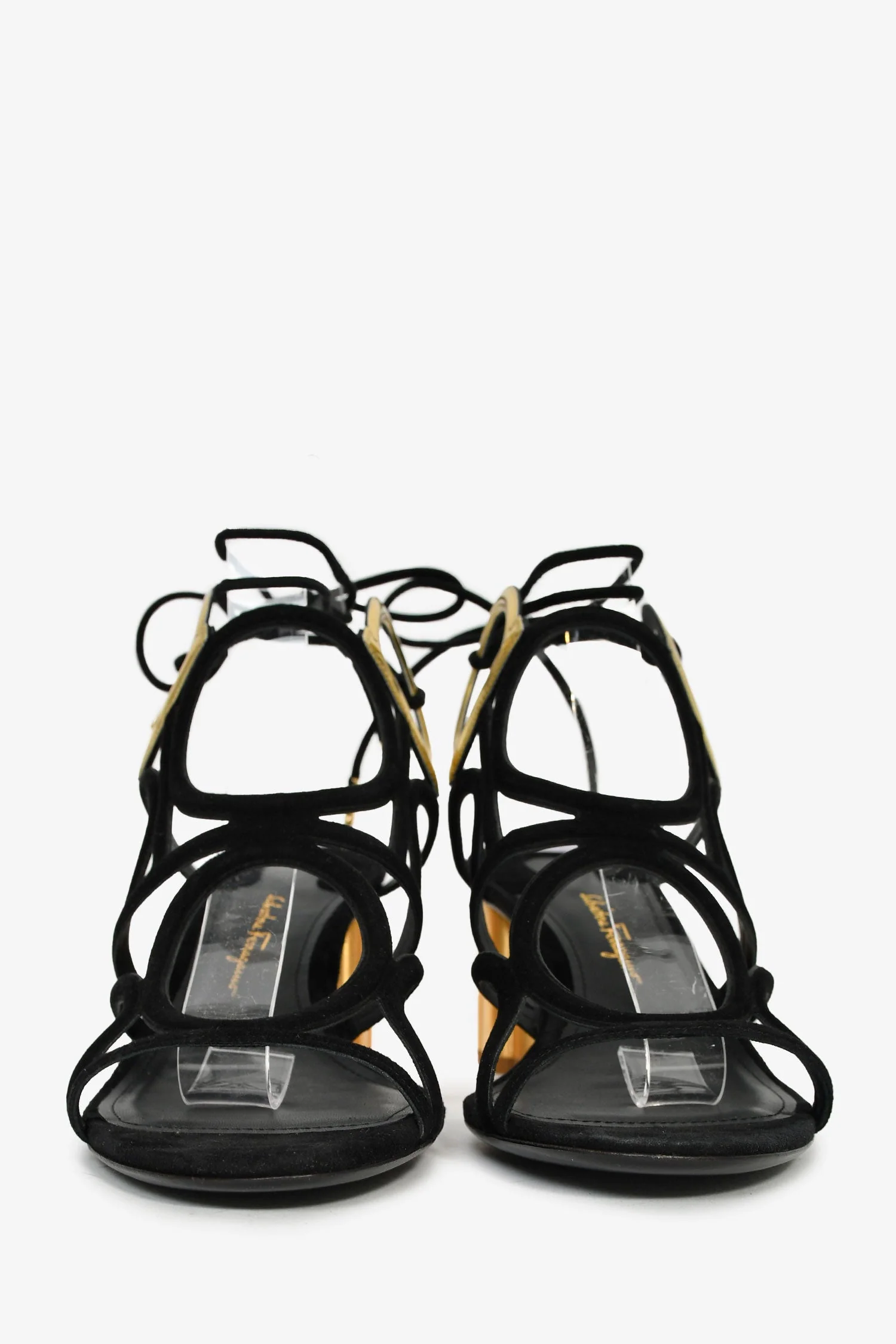 Salvatore Ferragamo Black Suede/Metallic Gold 'Vinci' Block Heel Sandals Size 7 - Image 3