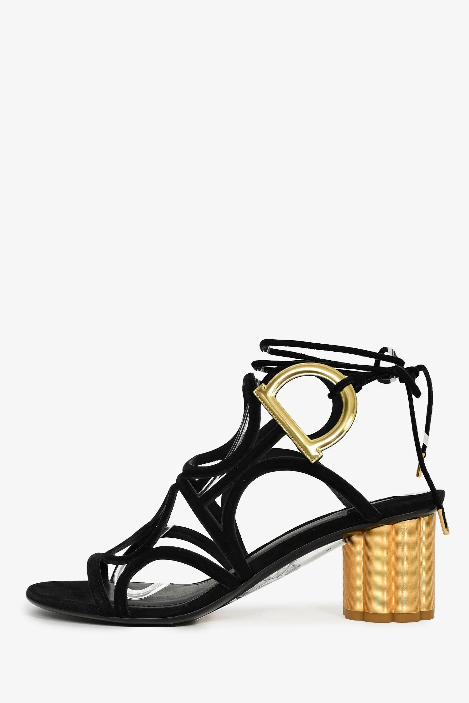 Salvatore Ferragamo Black Suede/Metallic Gold 'Vinci' Block Heel Sandals Size 7 - Image 4