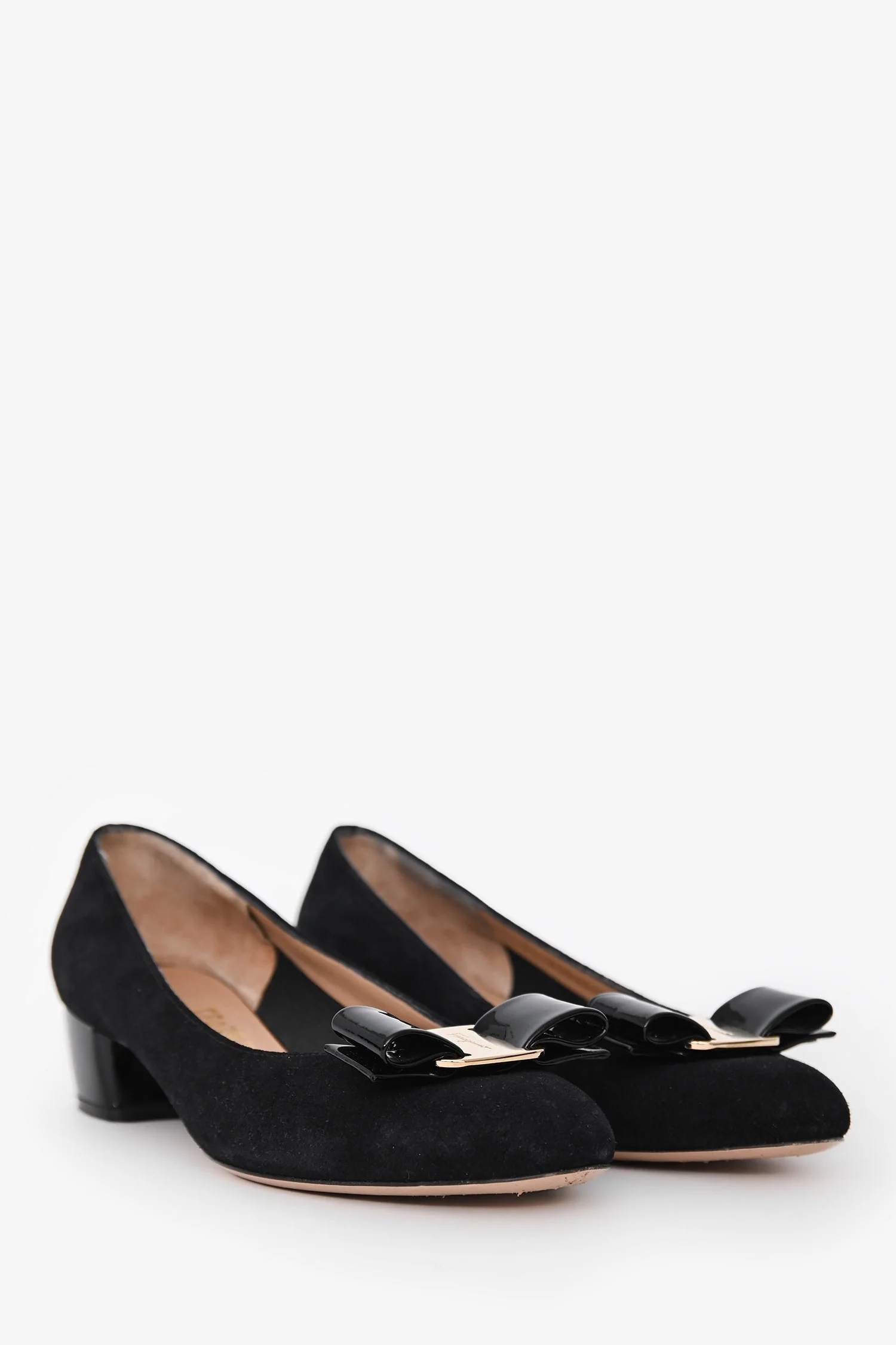 Salvatore Ferragamo Black Suede Patent Vera Bow Kitten Heels Size 36.5 - Image 2
