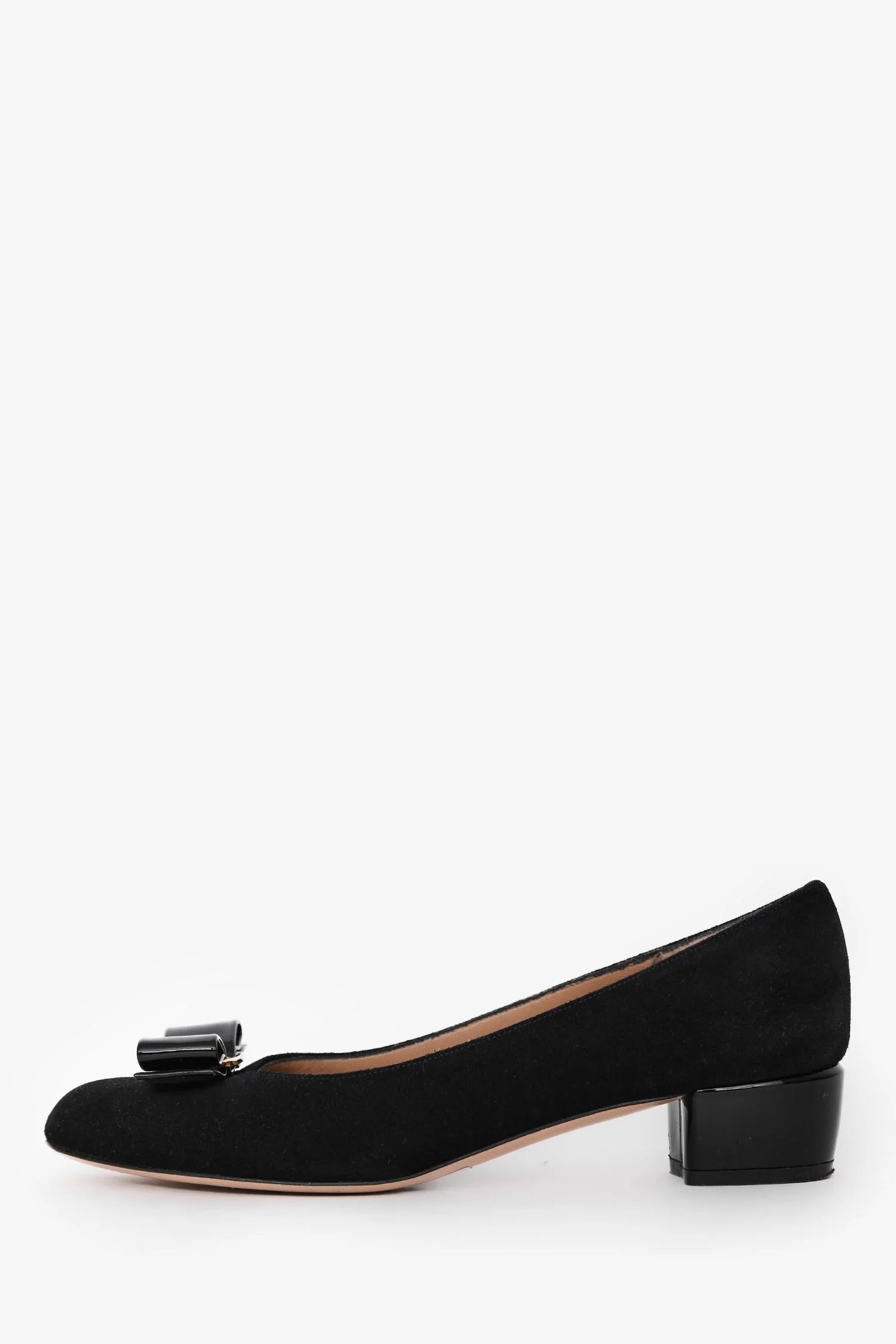 Salvatore Ferragamo Black Suede Patent Vera Bow Kitten Heels Size 36.5 - Image 4