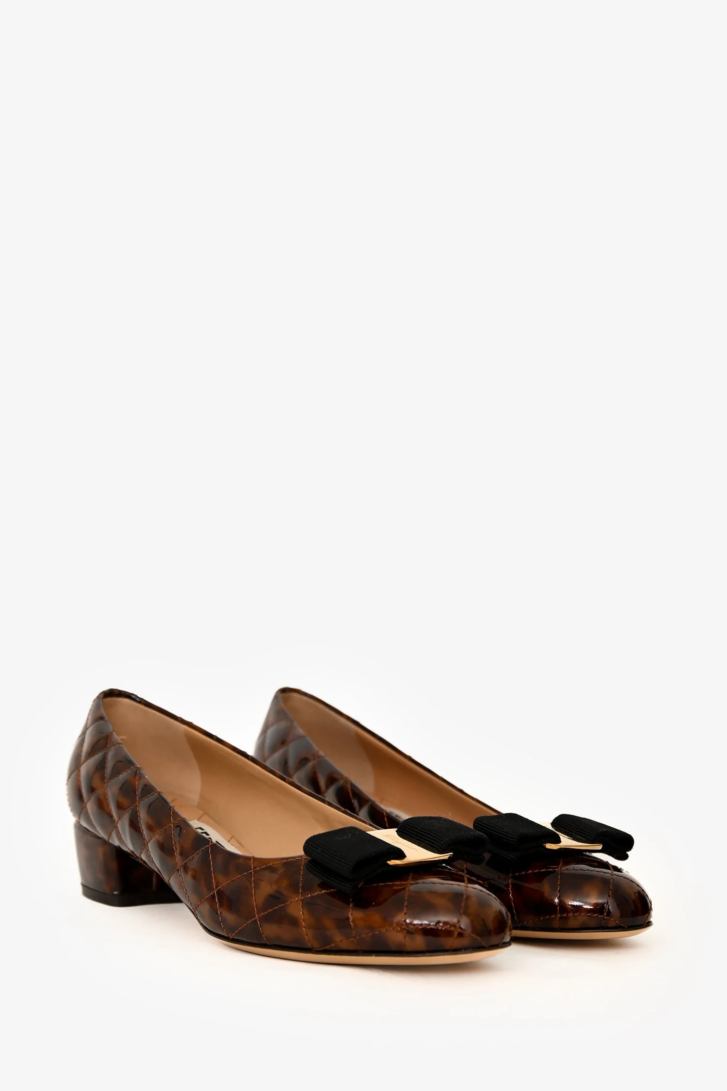 Salvatore Ferragamo Brown Patent Vara Bow Animal Print Pumps Size 5 - Image 2