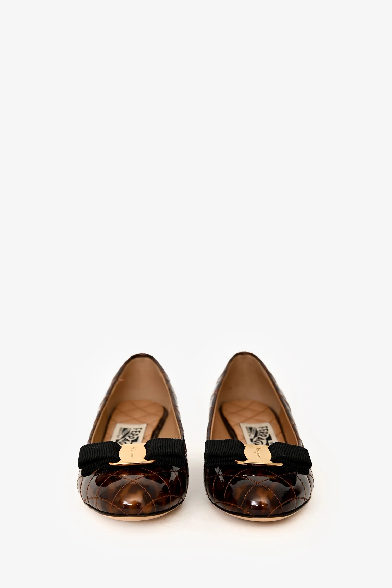 Salvatore Ferragamo Brown Patent Vara Bow Animal Print Pumps Size 5 - Image 3