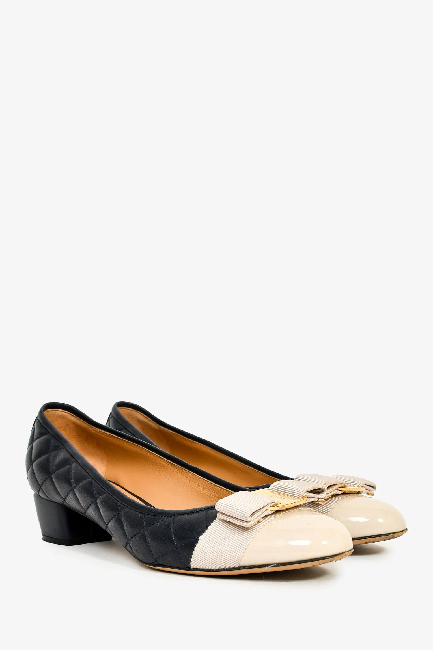 Salvatore Ferragamo Navy/Pink Leather Bow Detail Block Heels Size 8C - Image 2