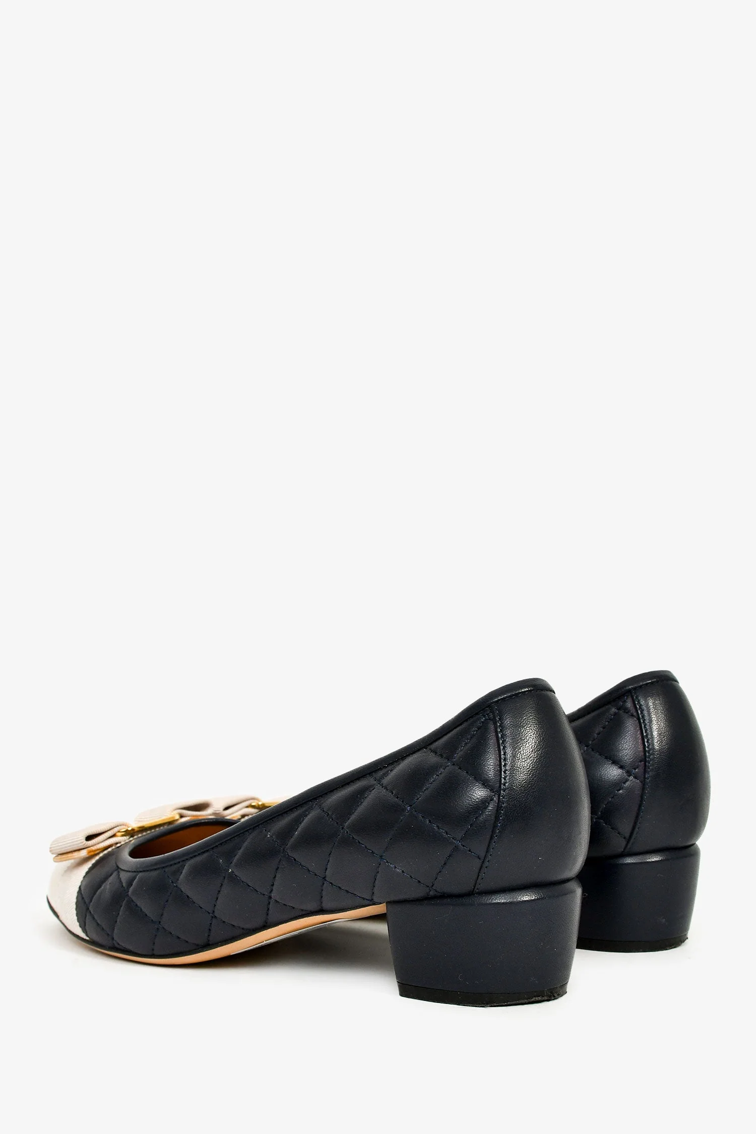 Salvatore Ferragamo Navy/Pink Leather Bow Detail Block Heels Size 8C - Image 4