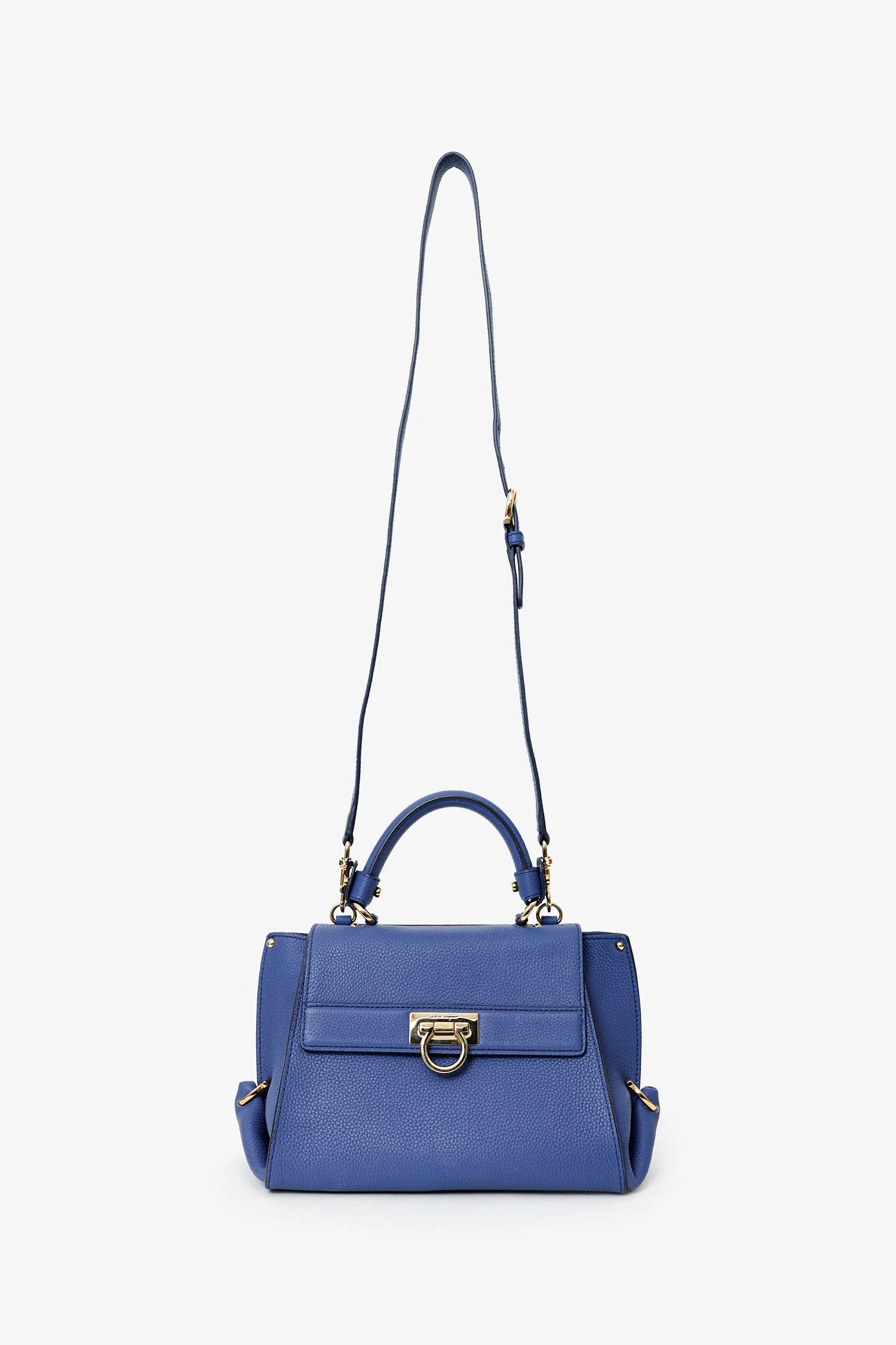 Salvatore Ferragamo Purple Pebbled Leather 'Sofia' Top Handle With Strap - Image 6