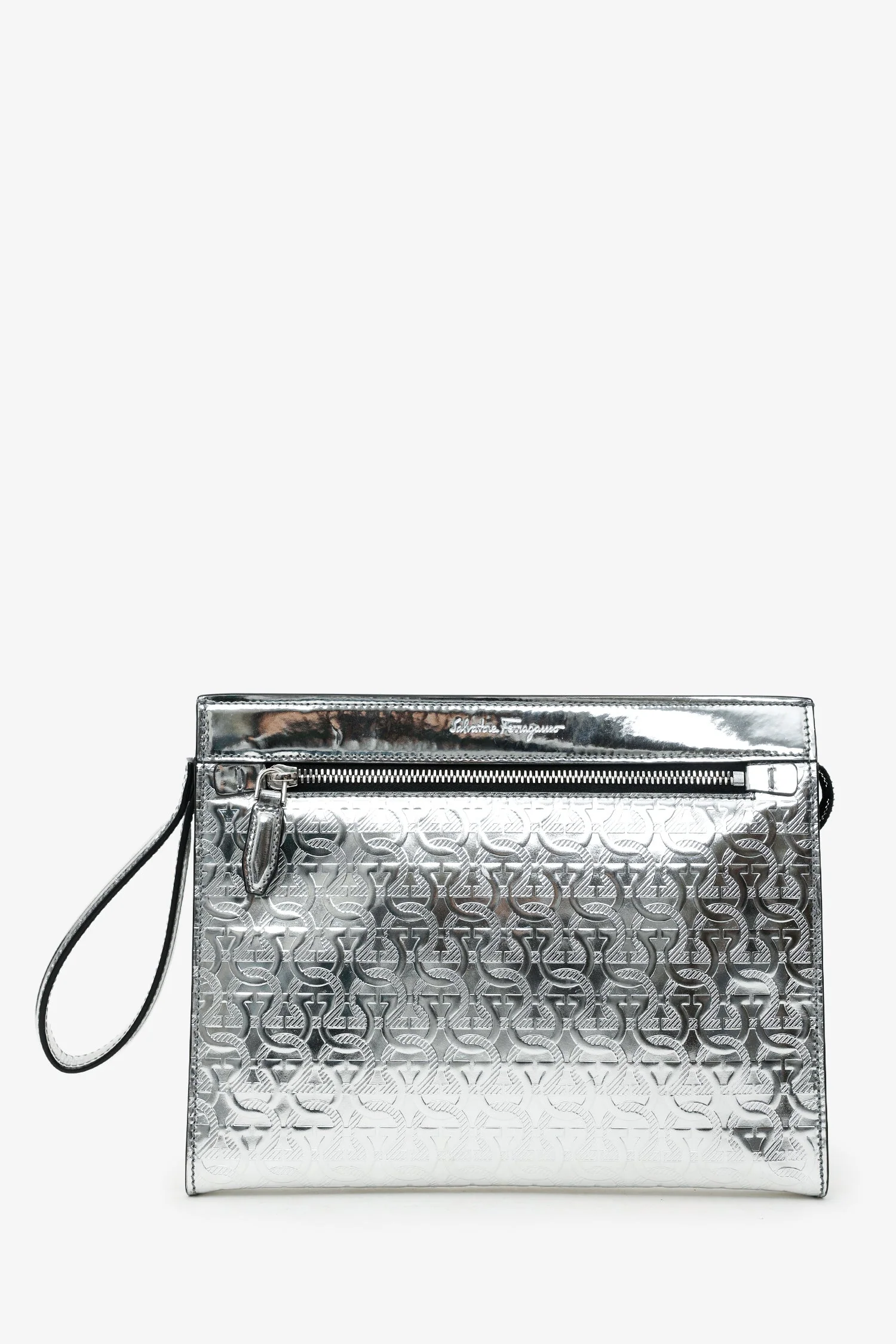 Salvatore Ferragamo Silver Metallic Leather Gancini Clutch - Image 2