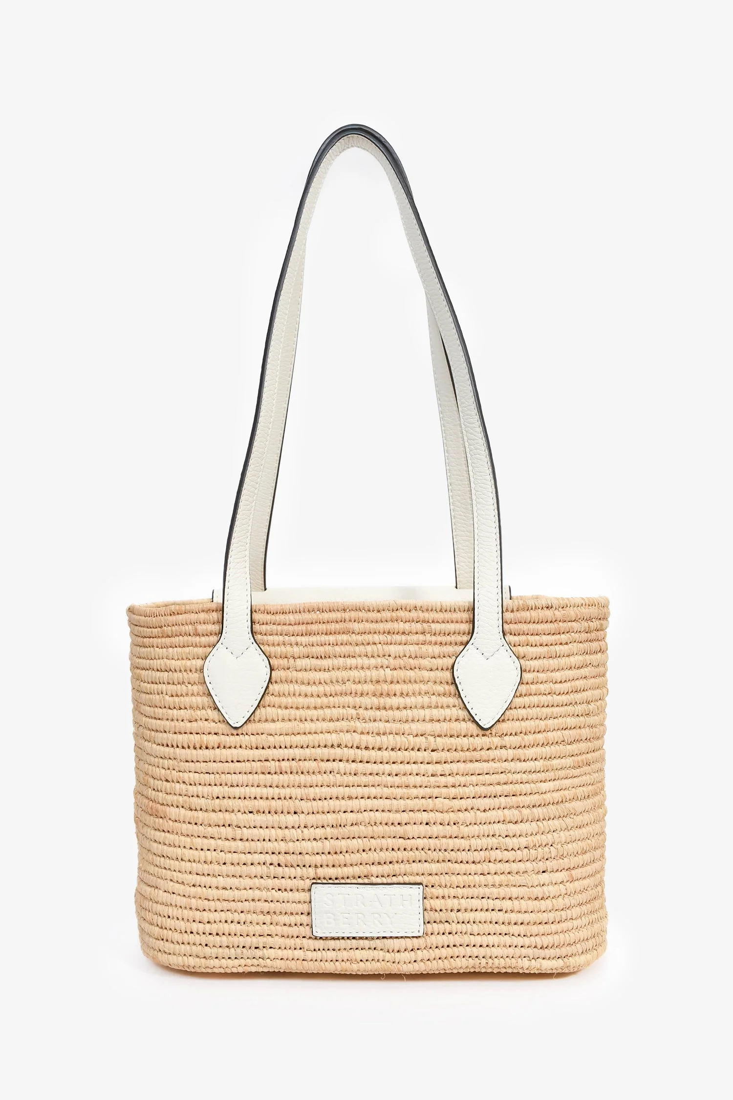 Strathberry Raffia/White Leather Small Basket Tote - Image 2