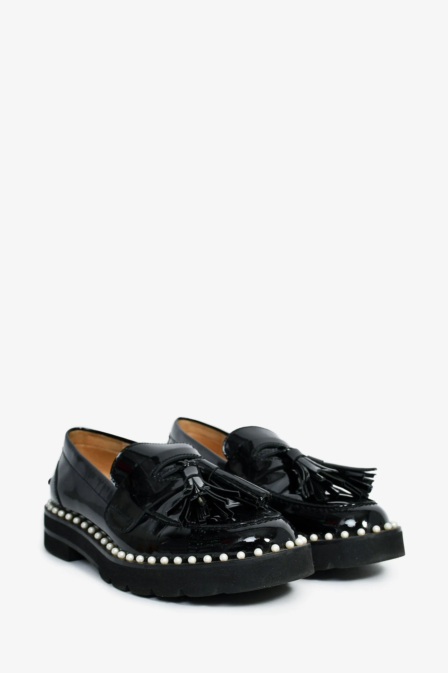 Stuart Weitzman Black Patent Leather Pearl Embellished Tassel Loafers Size 35 - Image 2
