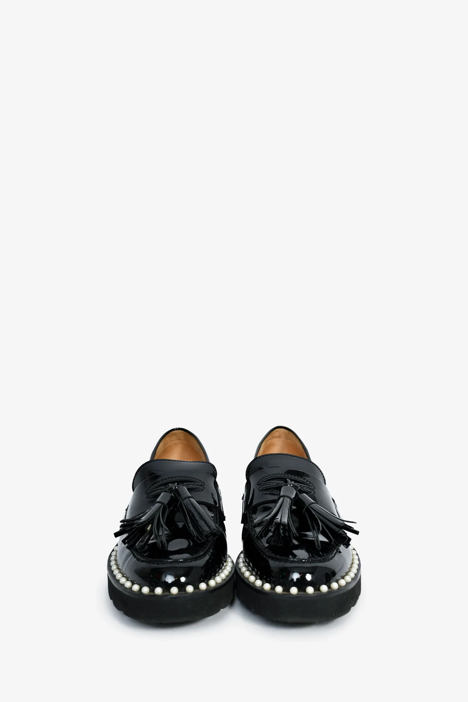 Stuart Weitzman Black Patent Leather Pearl Embellished Tassel Loafers Size 35 - Image 3
