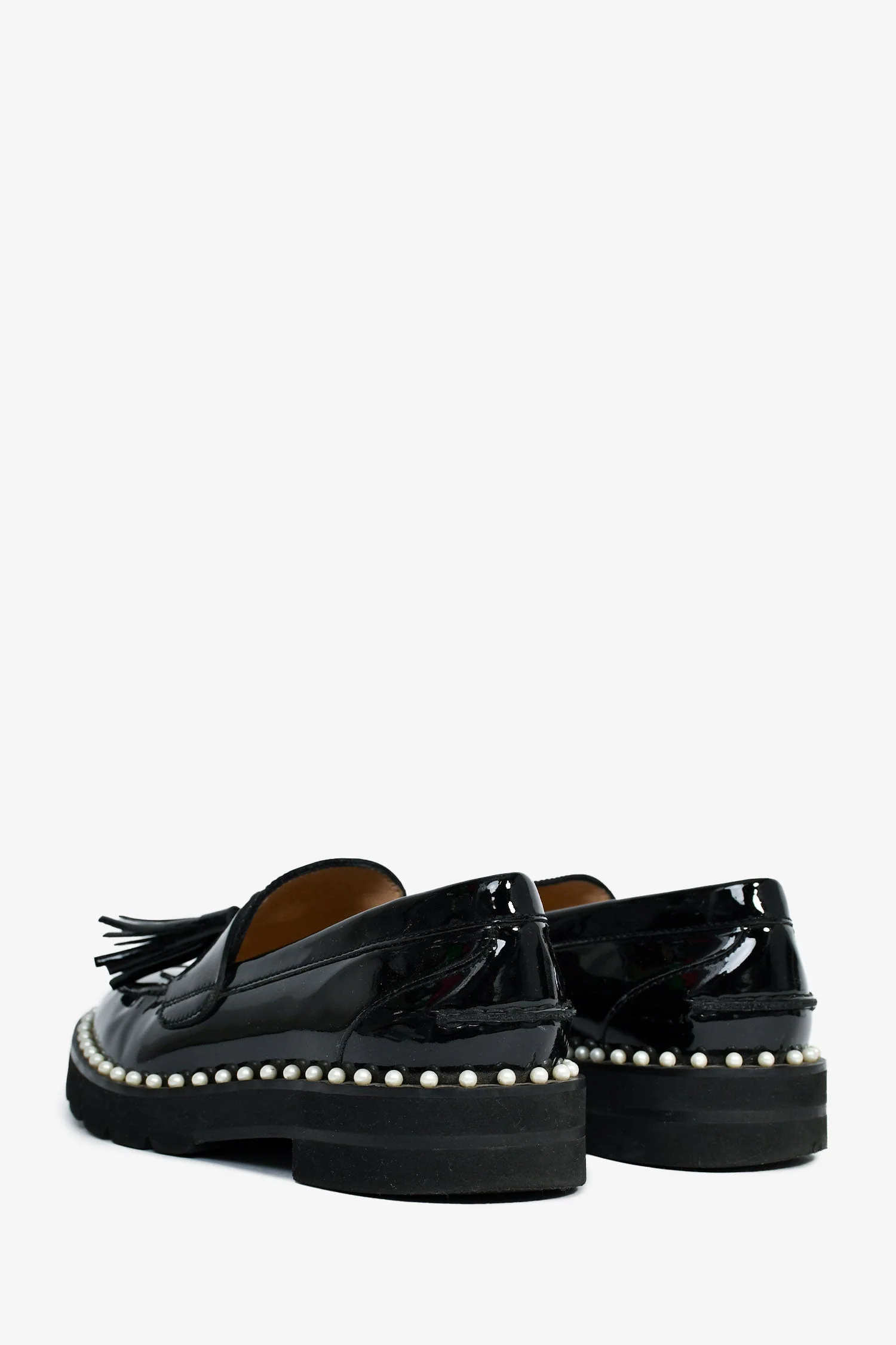 Stuart Weitzman Black Patent Leather Pearl Embellished Tassel Loafers Size 35 - Image 4