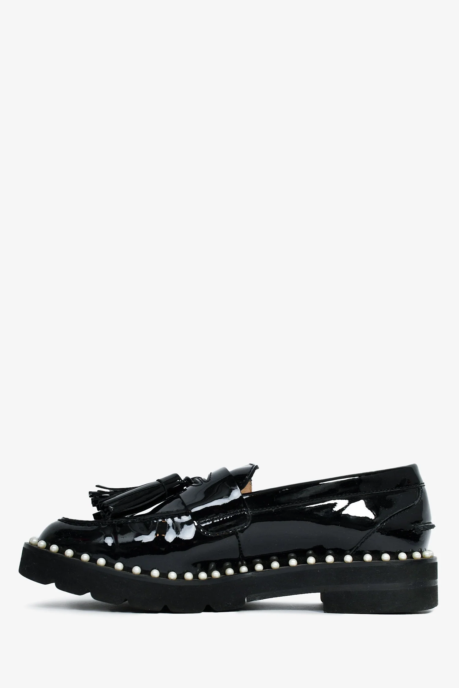 Stuart Weitzman Black Patent Leather Pearl Embellished Tassel Loafers Size 35 - Image 5