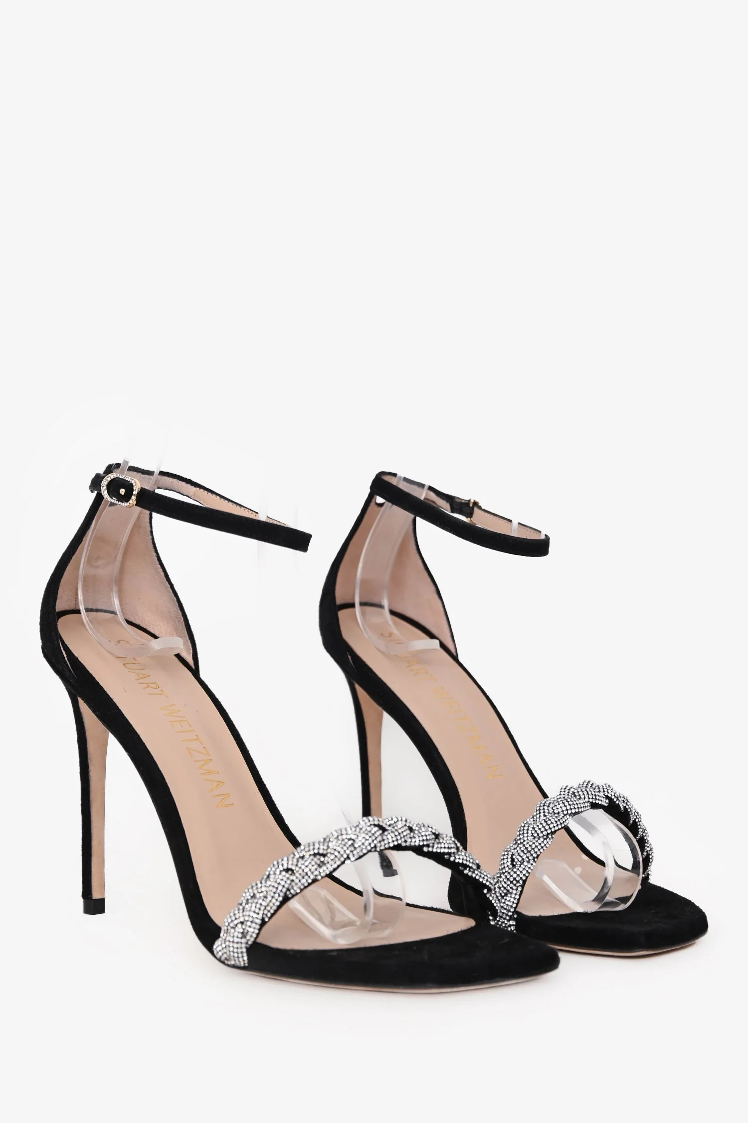 Stuart Weitzman Black Suede Rhinestone Embellished Sandal Heels Size 11 - Image 2