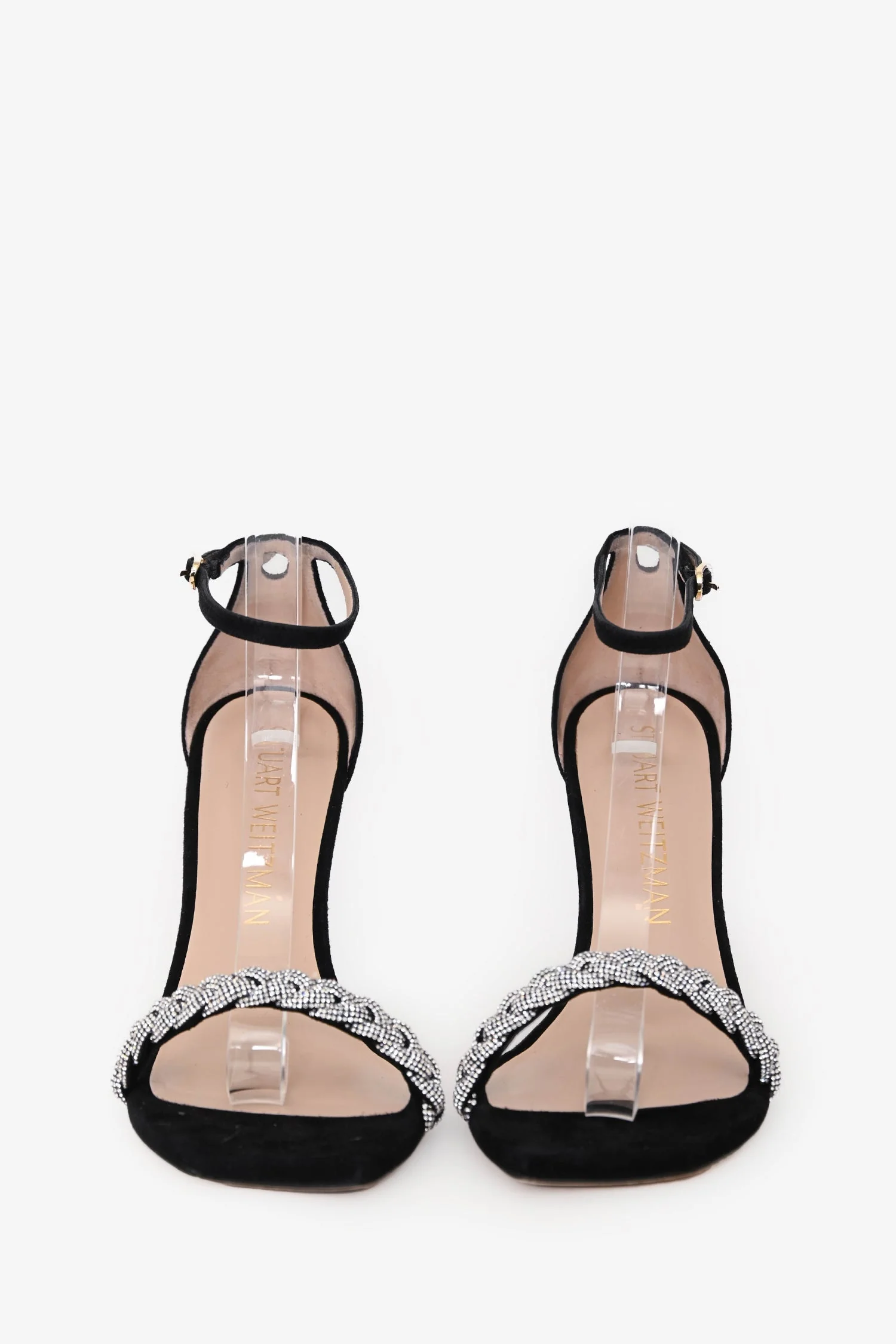 Stuart Weitzman Black Suede Rhinestone Embellished Sandal Heels Size 11 - Image 3