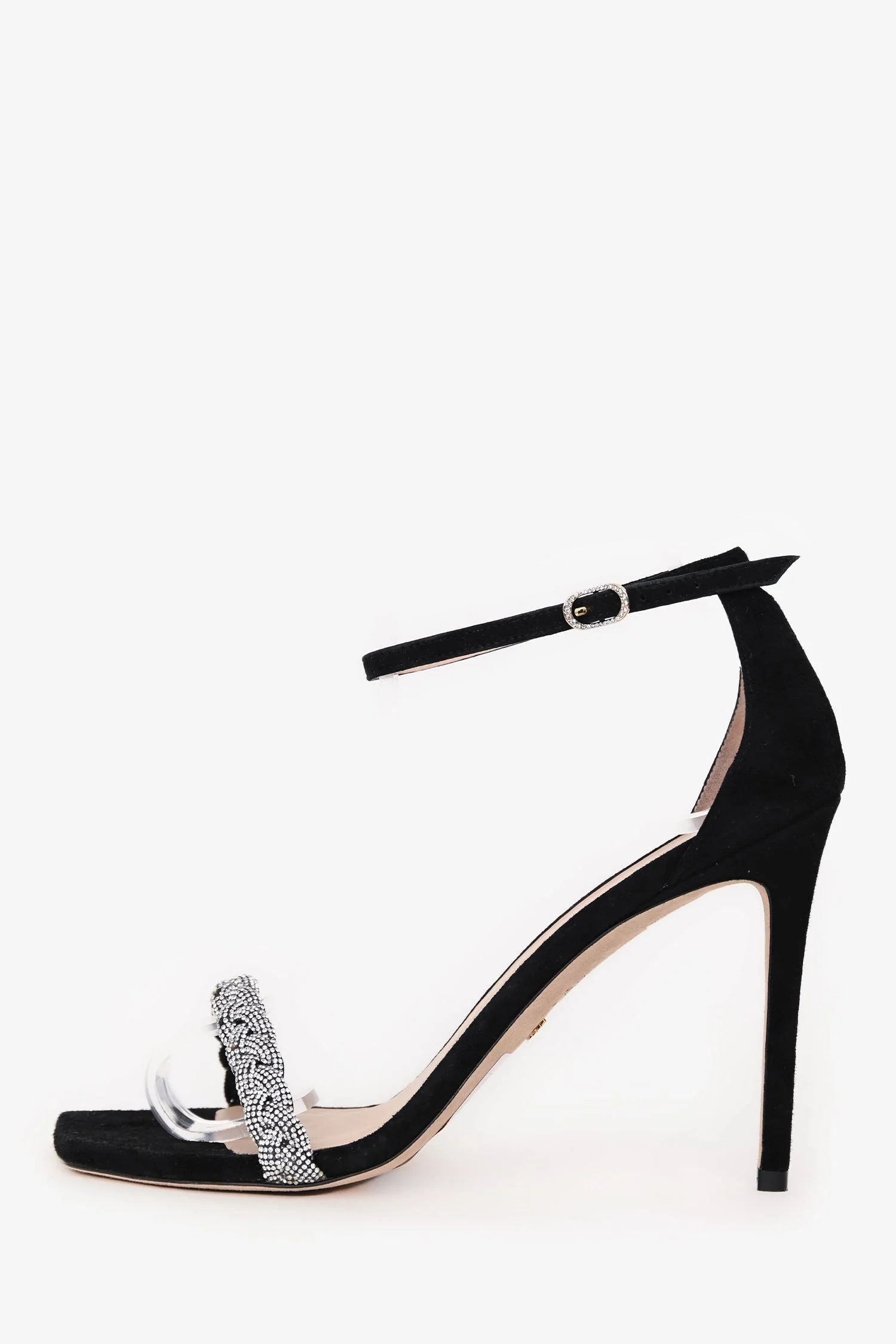 Stuart Weitzman Black Suede Rhinestone Embellished Sandal Heels Size 11 - Image 4
