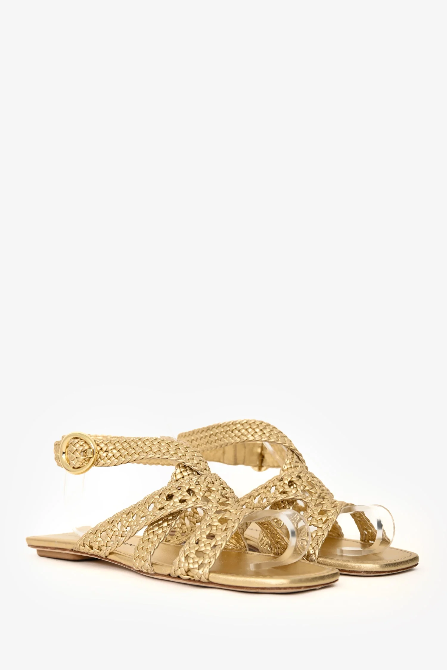 Stuart Weitzman Gold Woven Leather Ankle Strap Flat Sandals Size 39 - Image 2